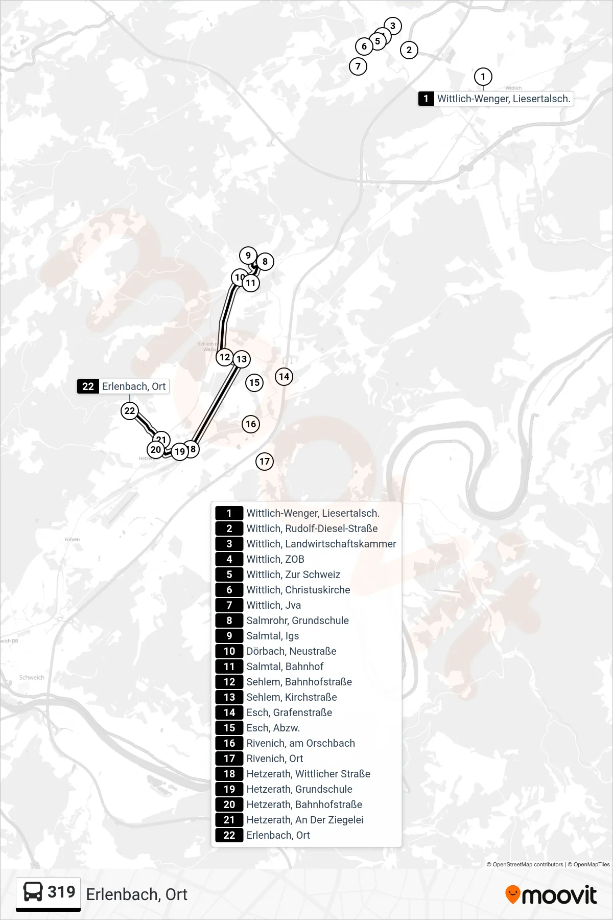 319 bus Line (Erlenbach, Ort) route and stops on a map