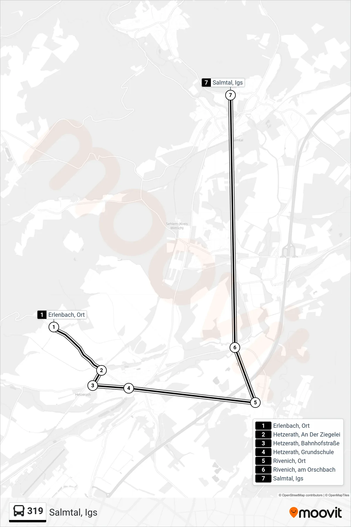 319 bus Line (Salmtal, Igs) route and stops on a map