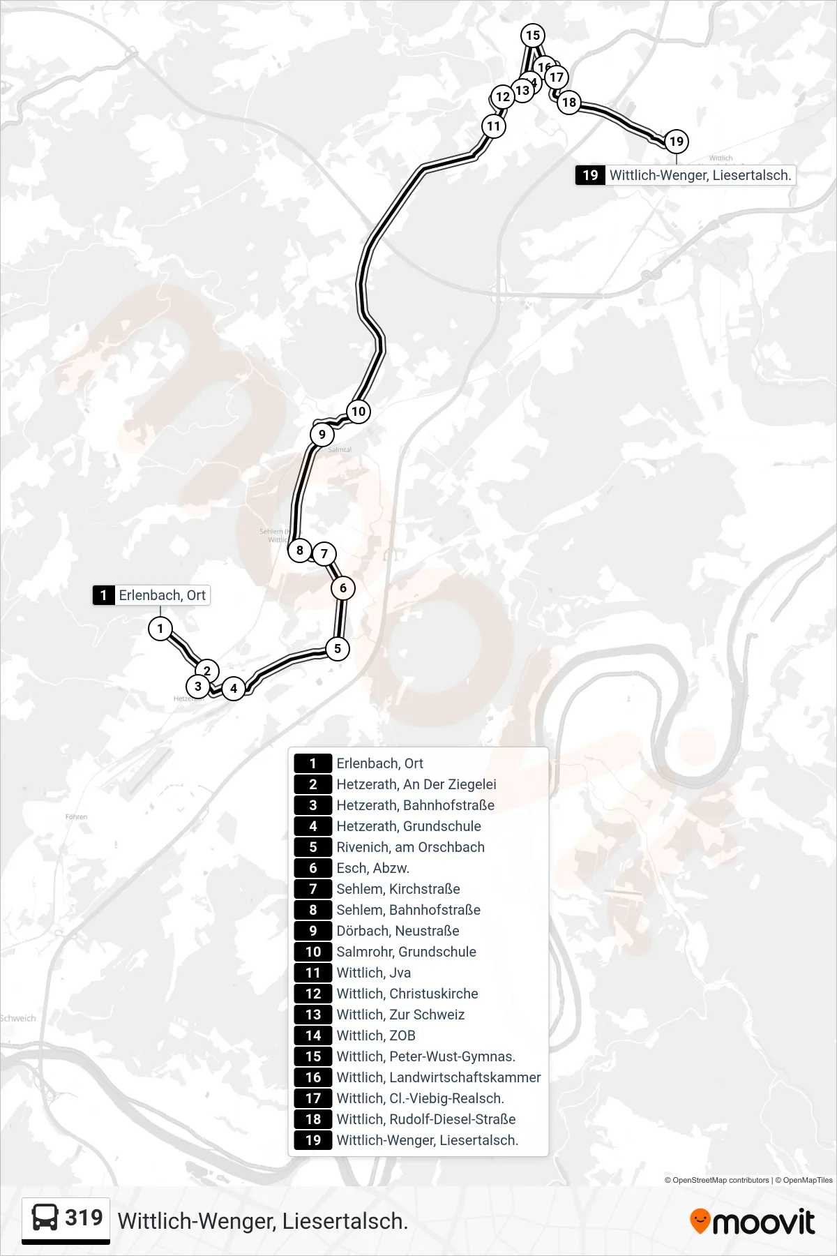 319 bus Line (Wittlich-Wenger, Liesertalsch.) route and stops on a map