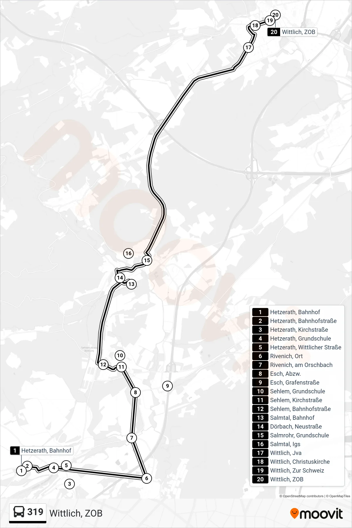 319 bus Line (Wittlich, ZOB) route and stops on a map