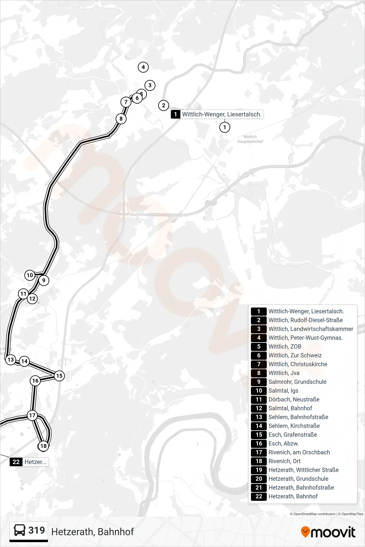 319 bus Line (Hetzerath, Bahnhof) route and stops on a map