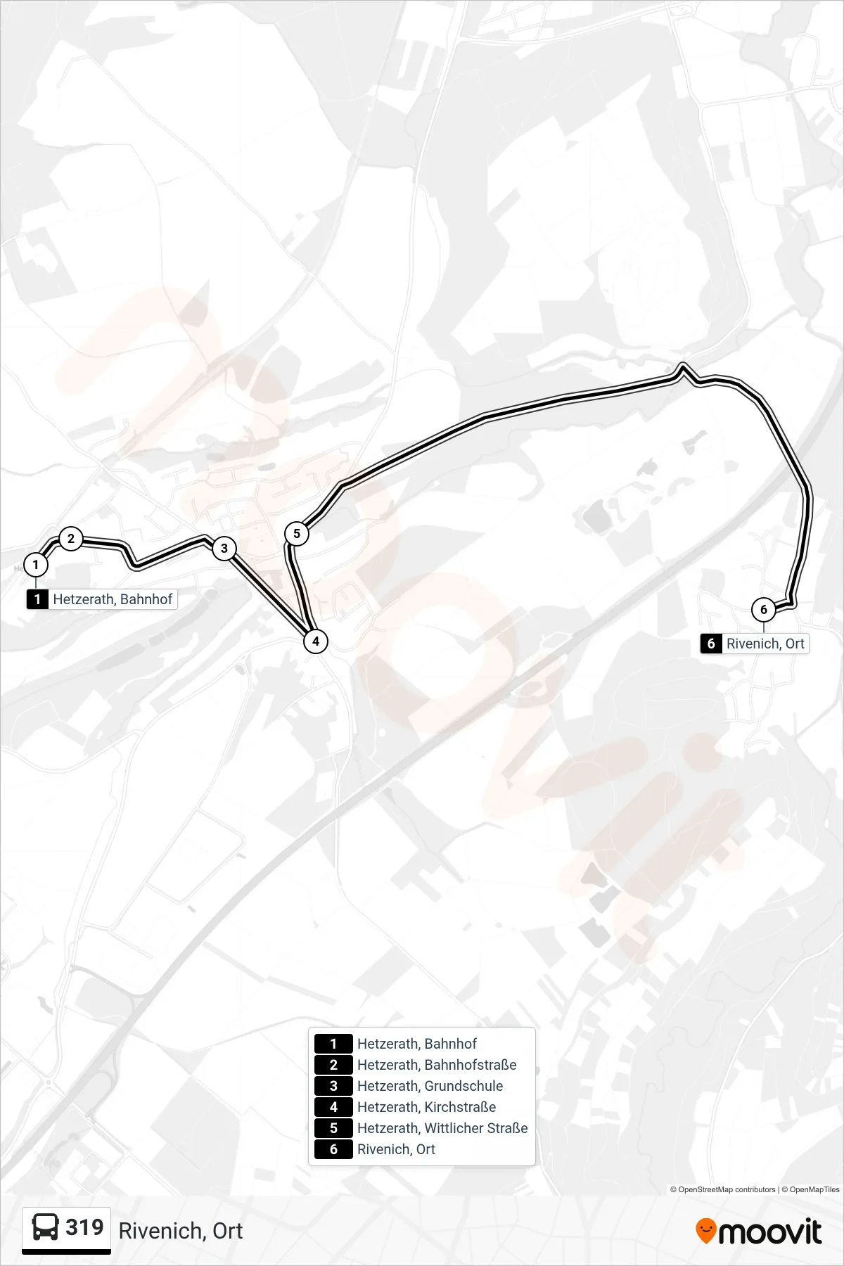 319 bus Line (Rivenich, Ort) route and stops on a map