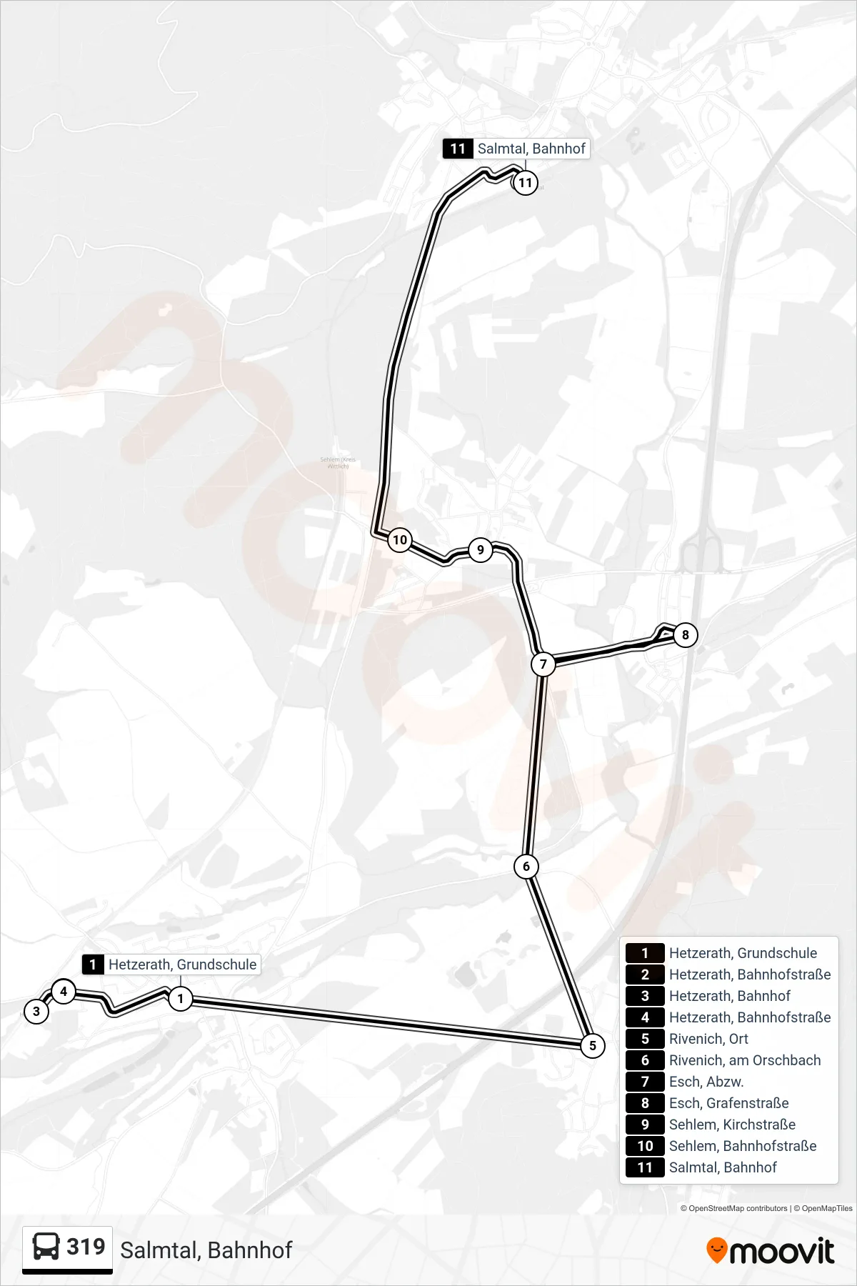 319 bus Line (Salmtal, Bahnhof) route and stops on a map