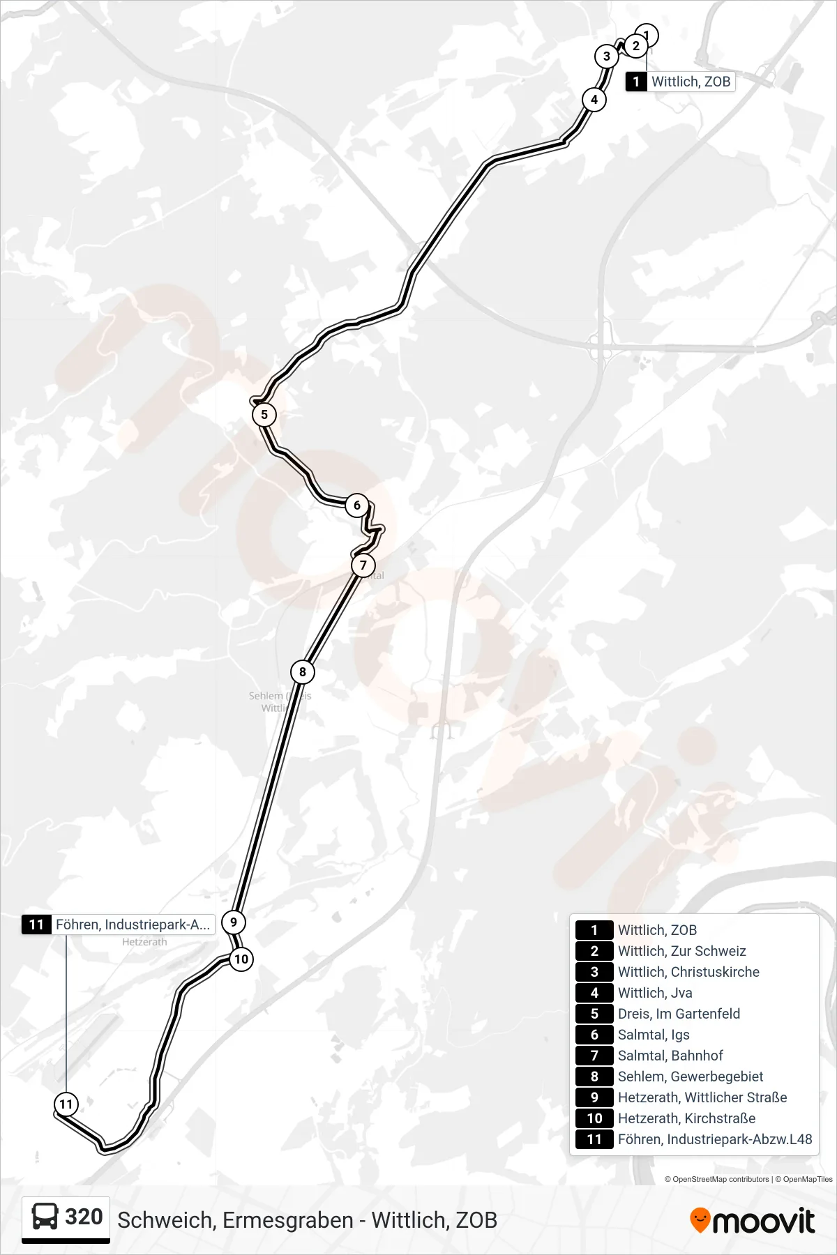 320 bus Line (Föhren, Industriepark-Abzw.L48) route and stops on a map