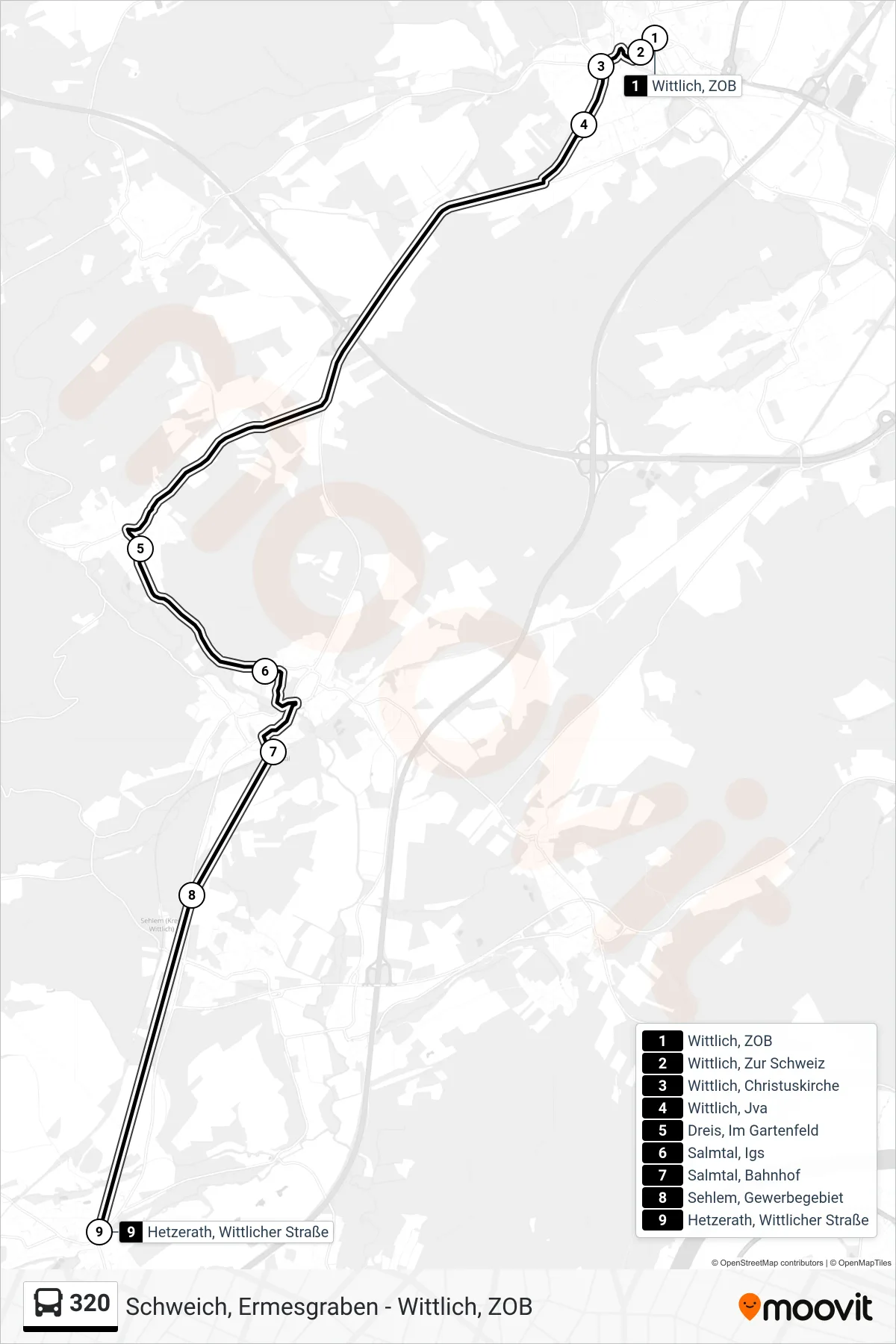 320 bus Line (Hetzerath, Wittlicher Straße) route and stops on a map