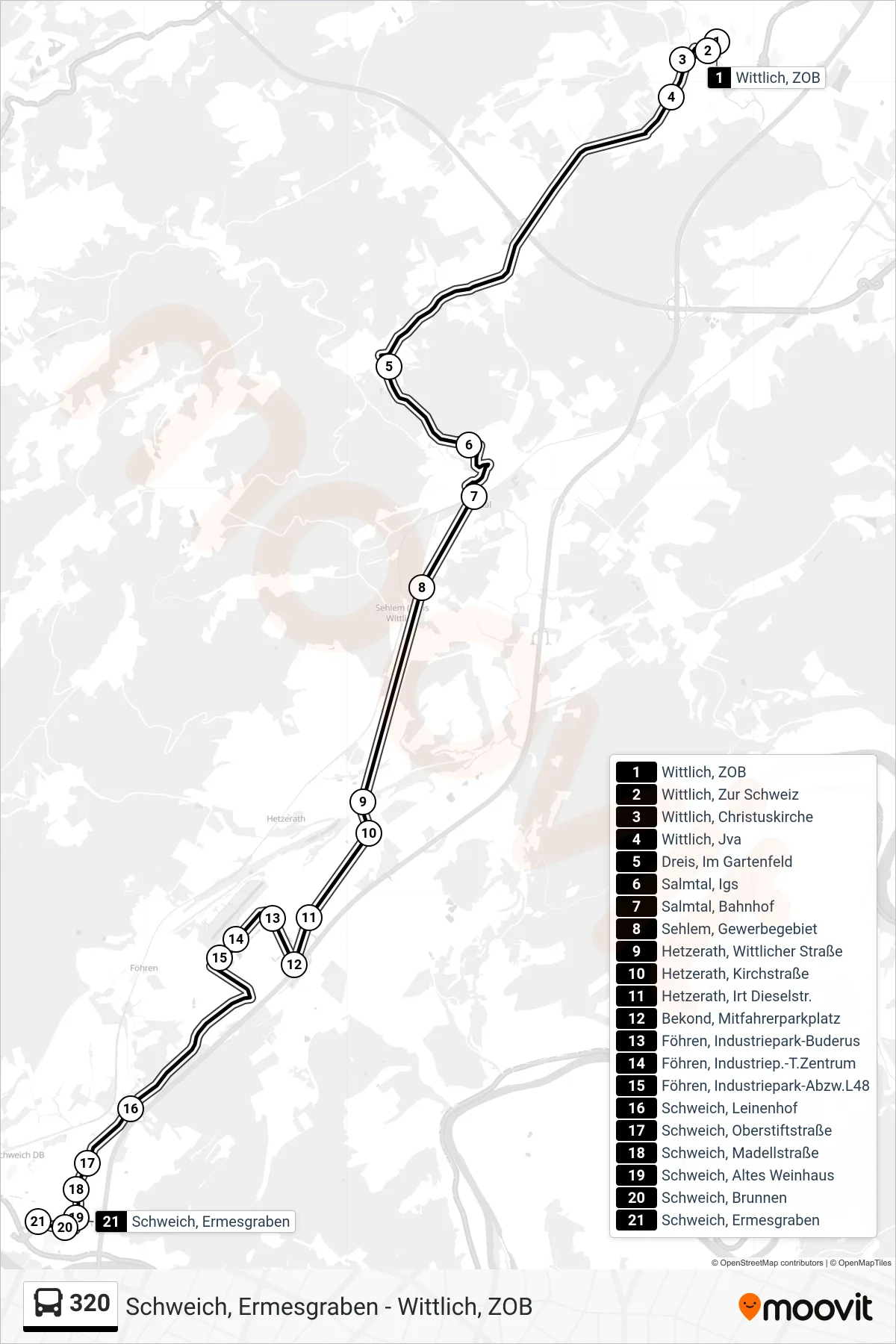 320 bus Line (Schweich, Ermesgraben) route and stops on a map