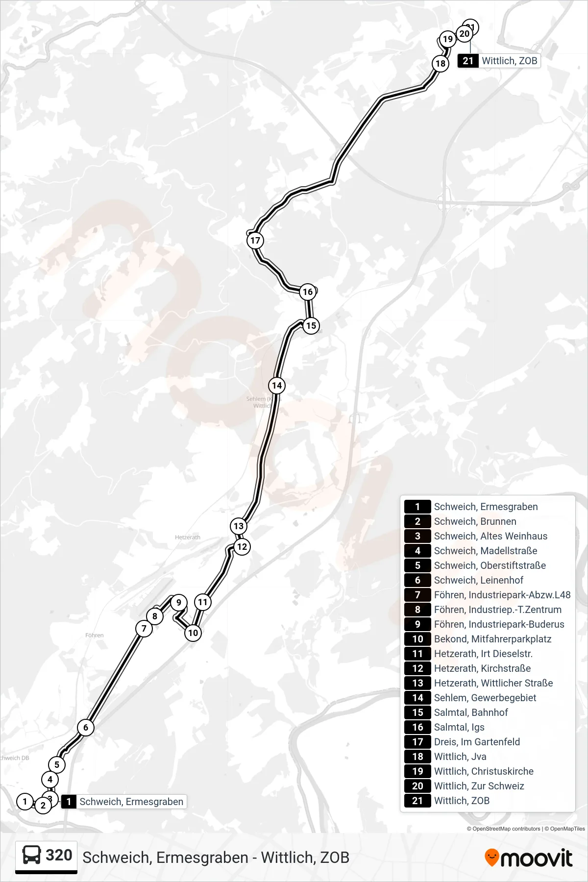 320 bus Line (Wittlich, ZOB) route and stops on a map