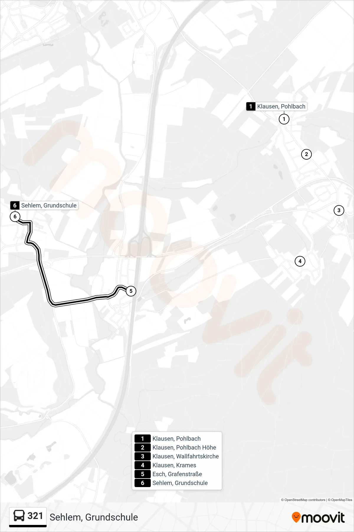 321 bus Line (Sehlem, Grundschule) route and stops on a map