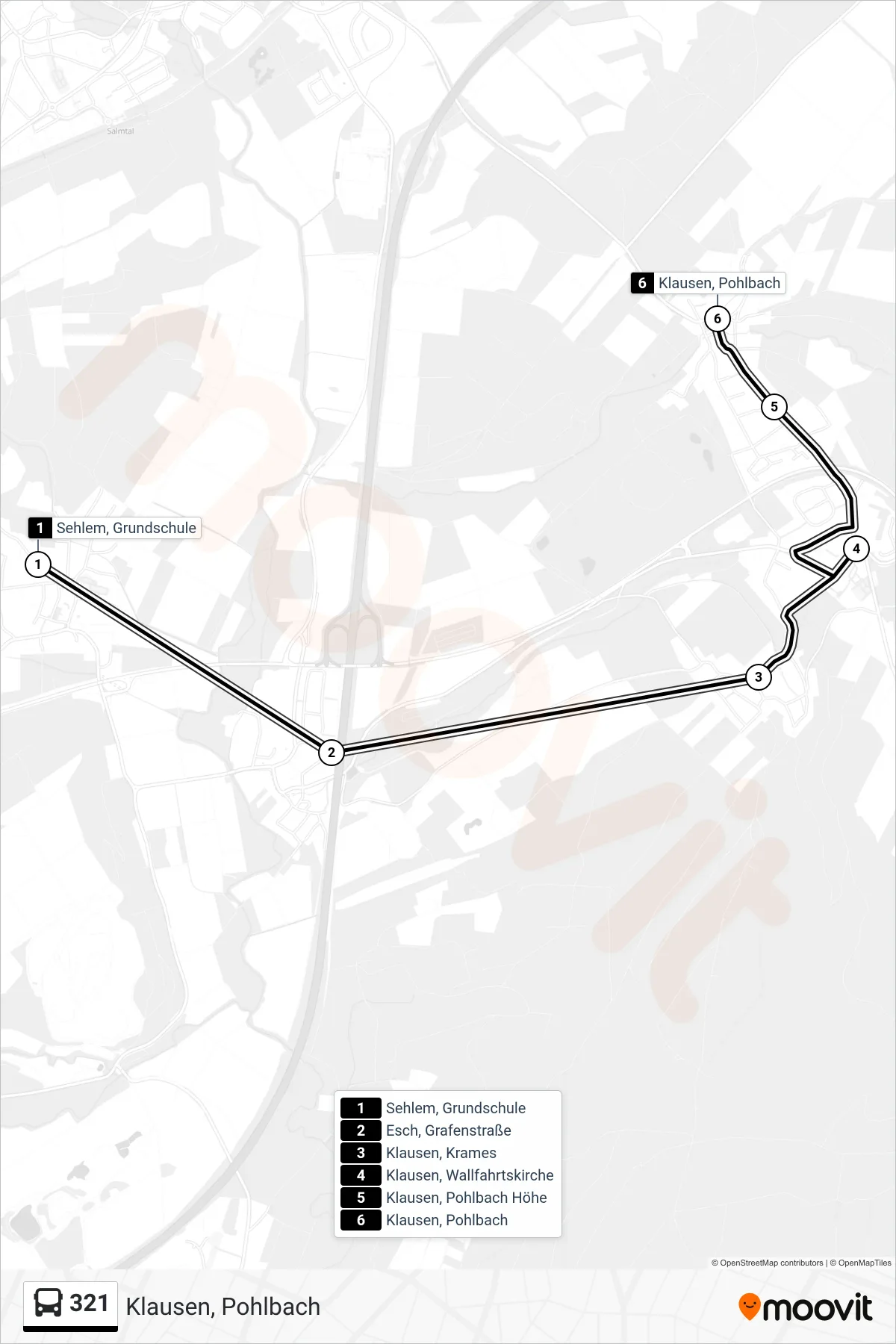 321 bus Line (Klausen, Pohlbach) route and stops on a map