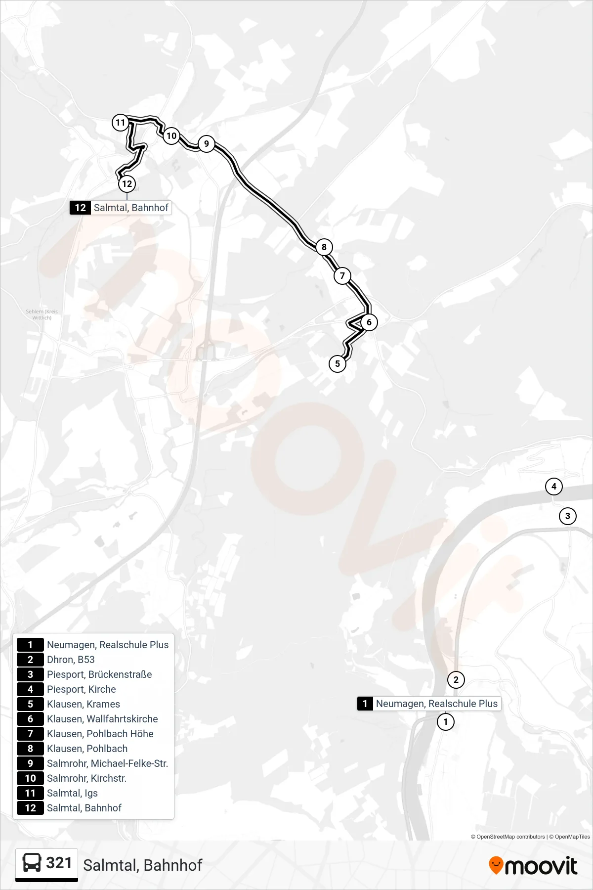 321 bus Line (Salmtal, Bahnhof) route and stops on a map