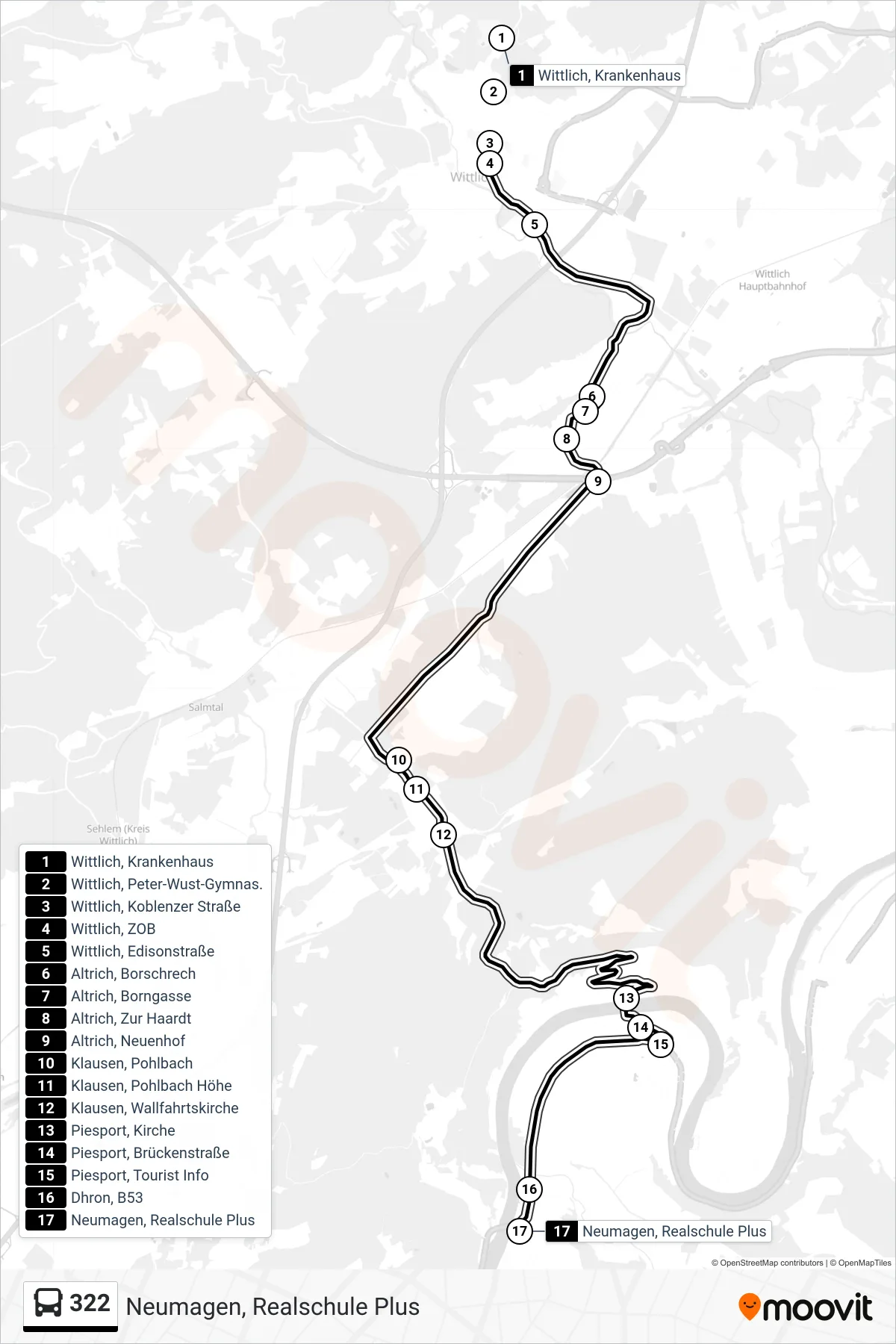 322 bus Line (Neumagen, Realschule Plus) route and stops on a map