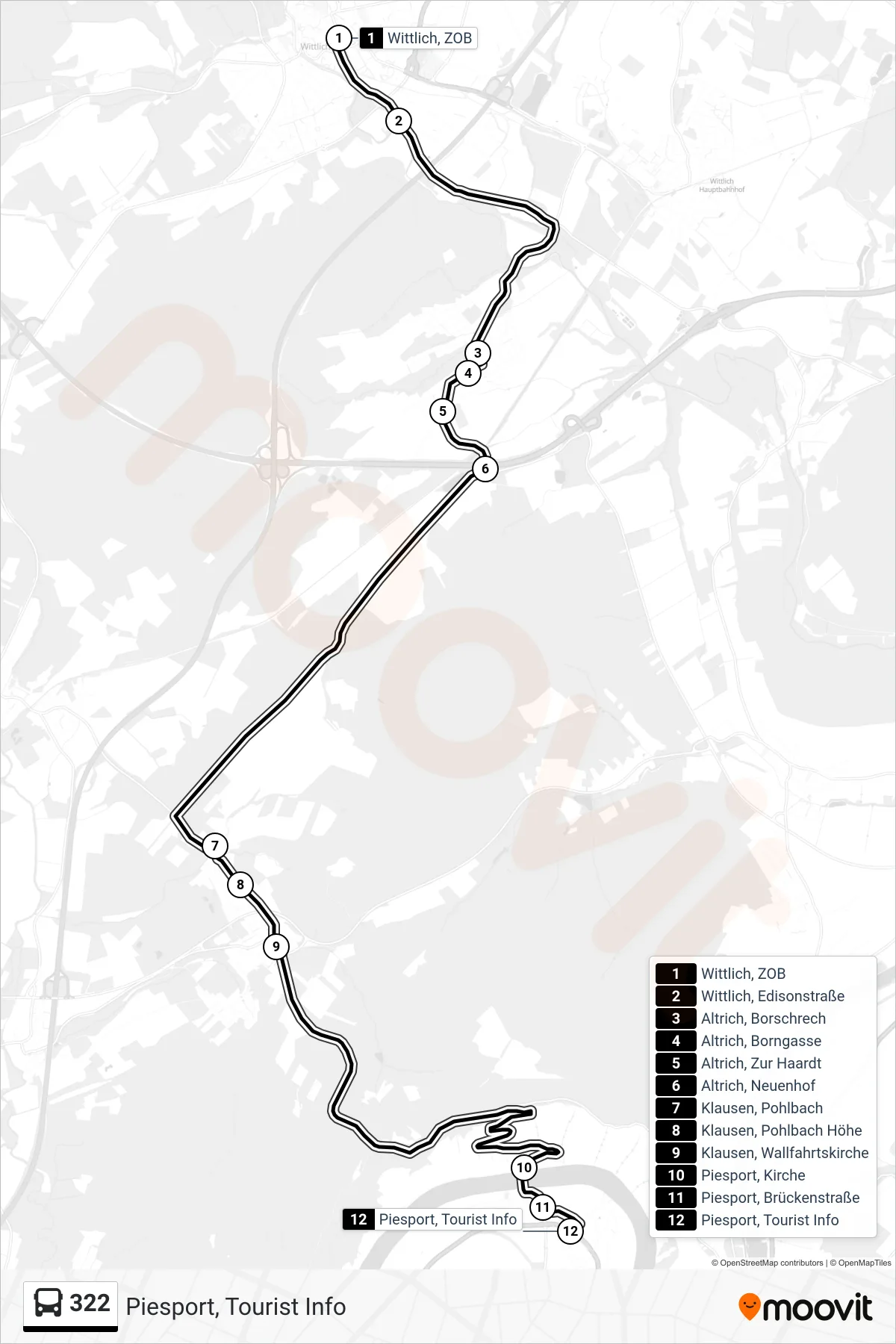 322 bus Line (Piesport, Tourist Info) route and stops on a map