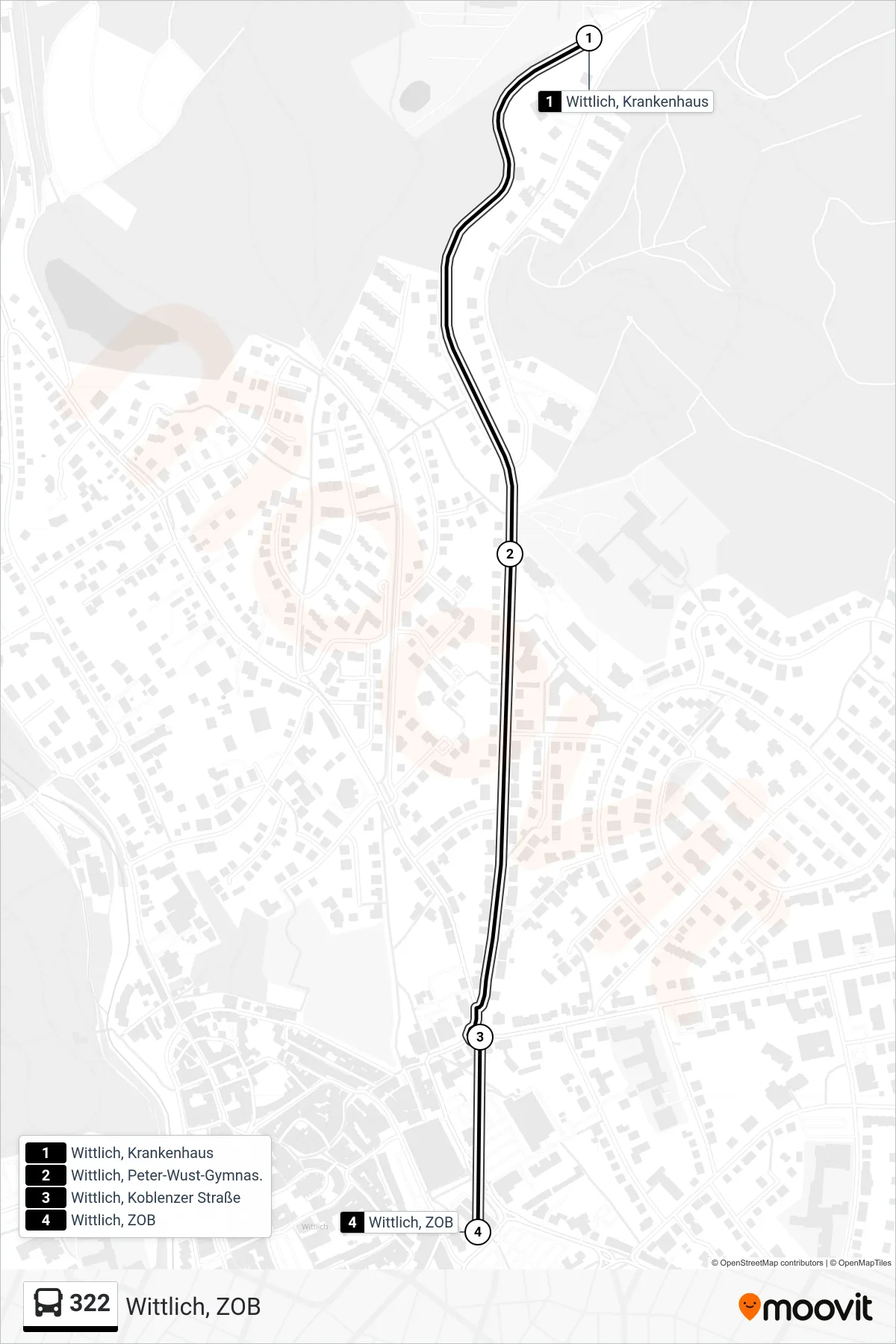 322 bus Line (Wittlich, ZOB) route and stops on a map
