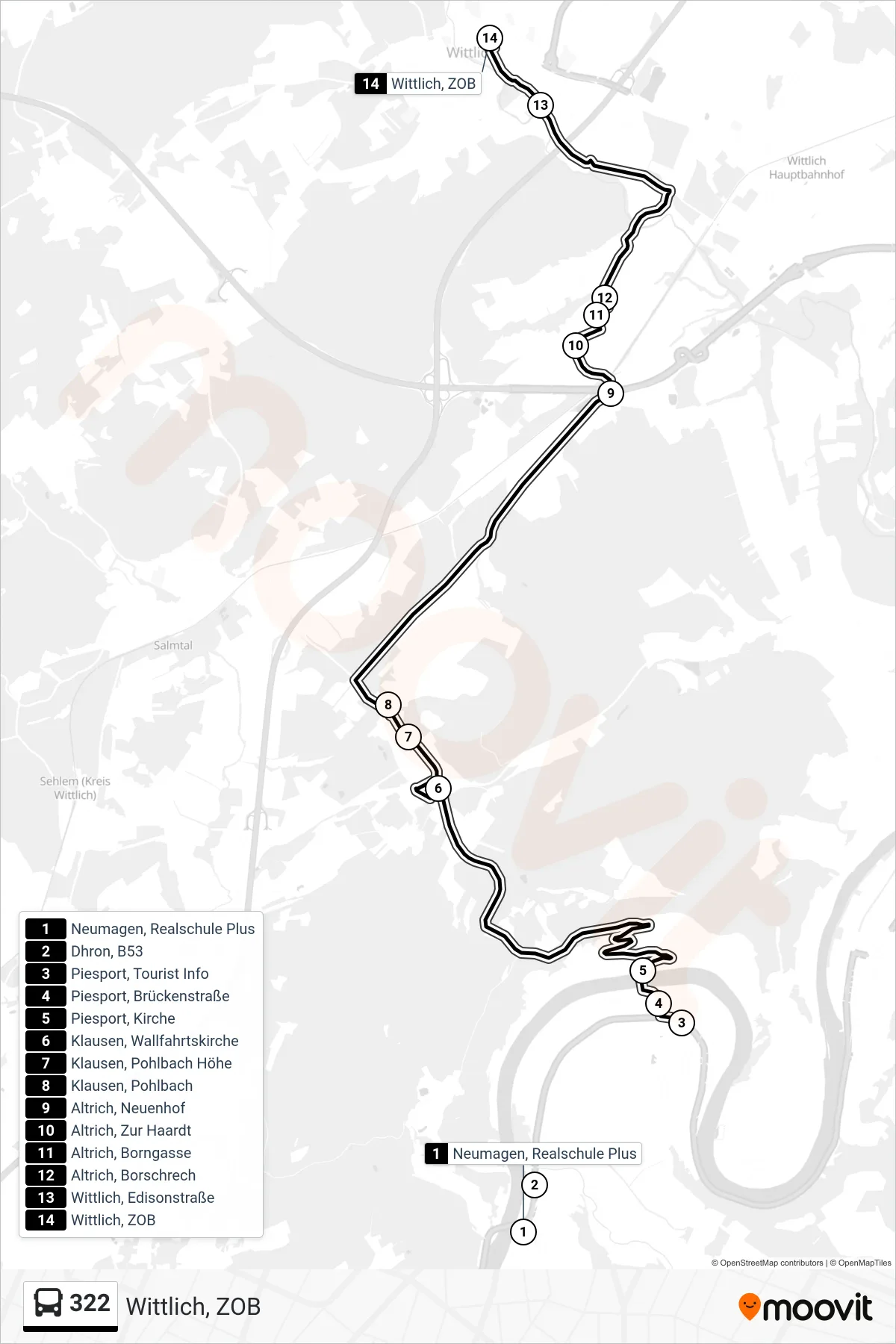 322 bus Line (Wittlich, ZOB) route and stops on a map