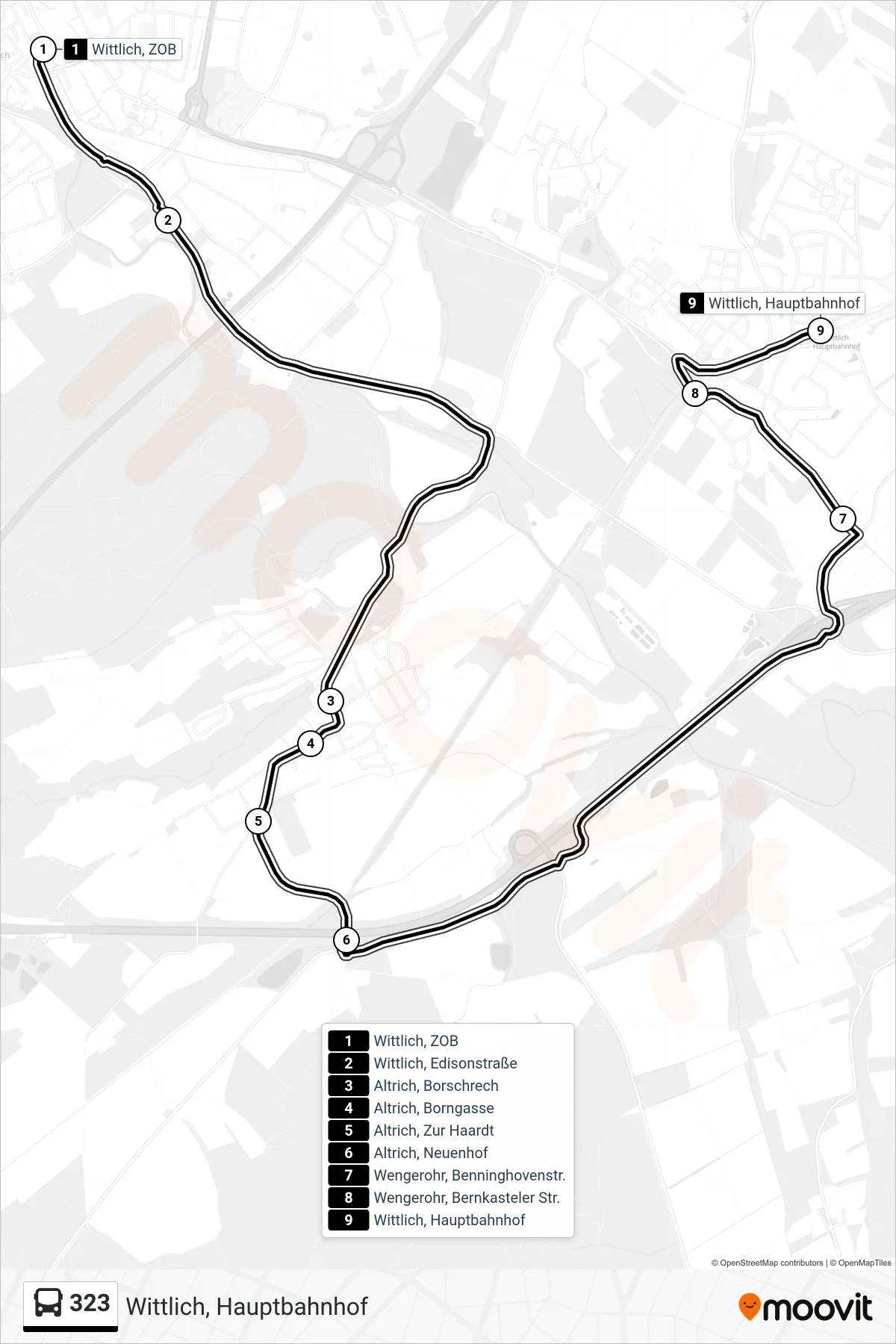 323 bus Line (Wittlich, Hauptbahnhof) route and stops on a map