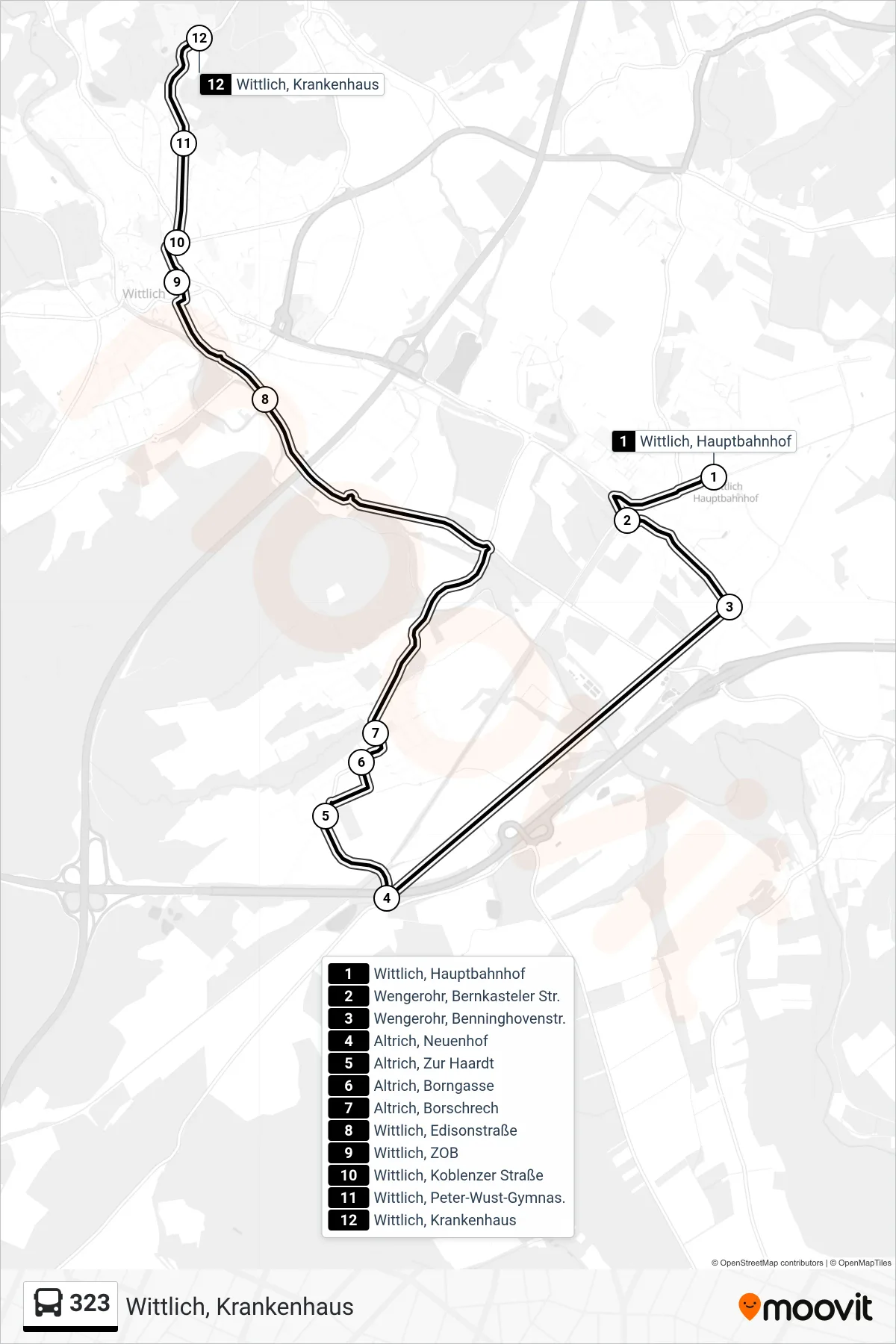 323 bus Line (Wittlich, Krankenhaus) route and stops on a map