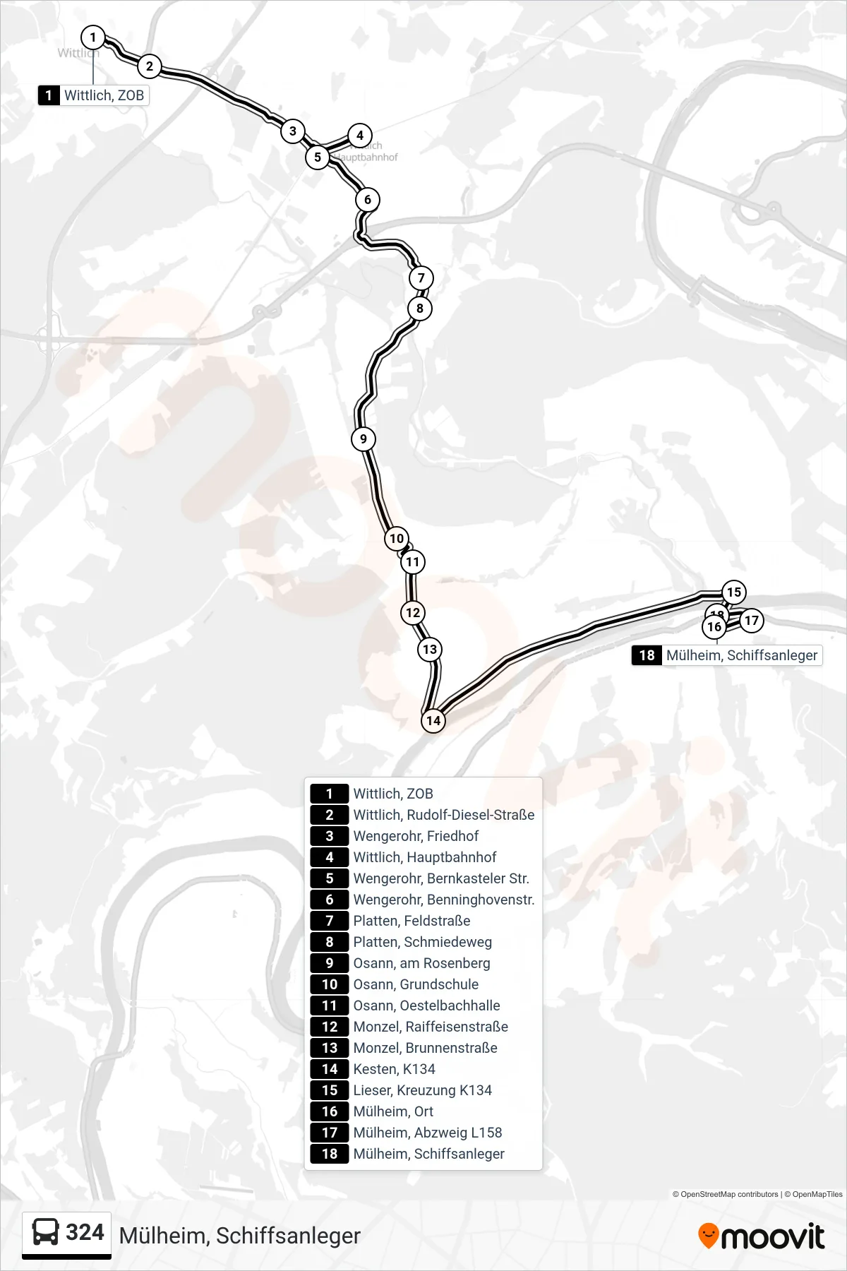 Linie 324 (Bus) Richtung Mülheim, Schiffsanleger: Route und Haltestellen auf der Karte