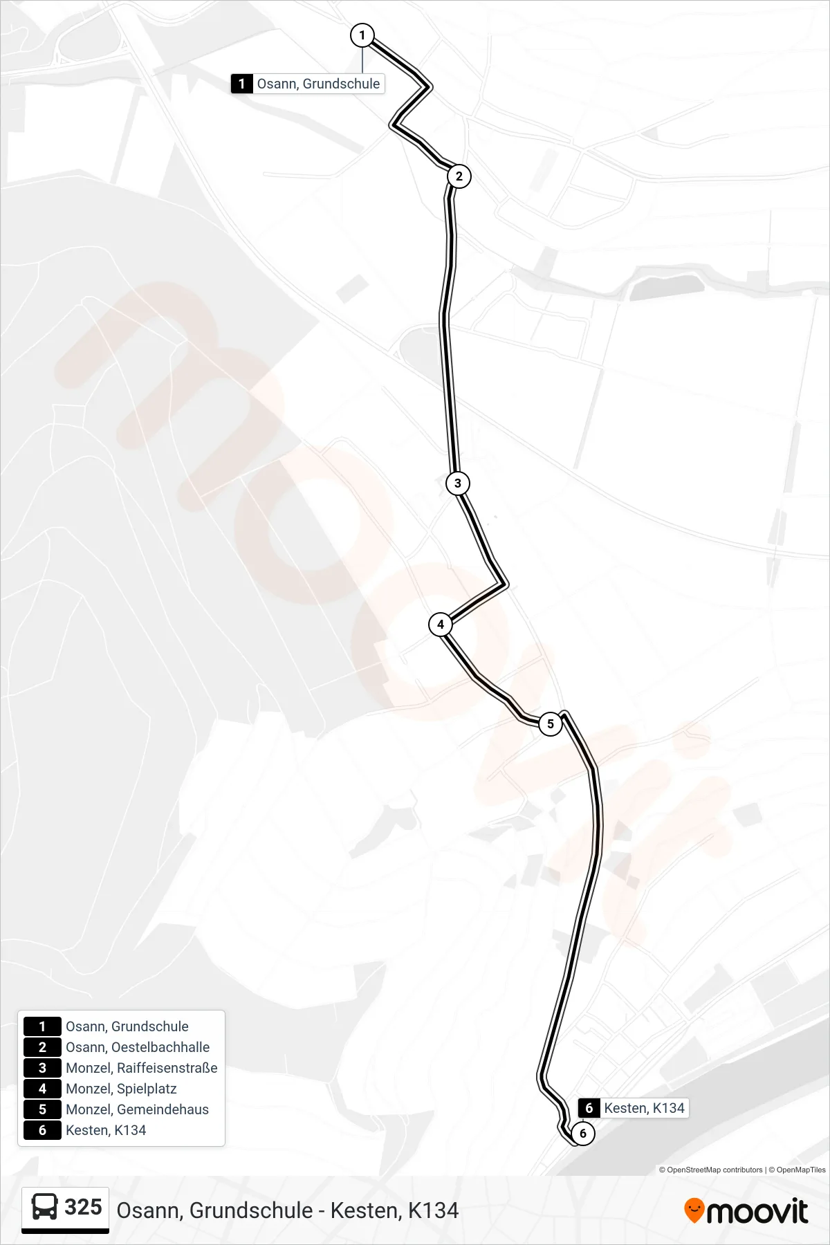 325 bus Line (Kesten, K134) route and stops on a map