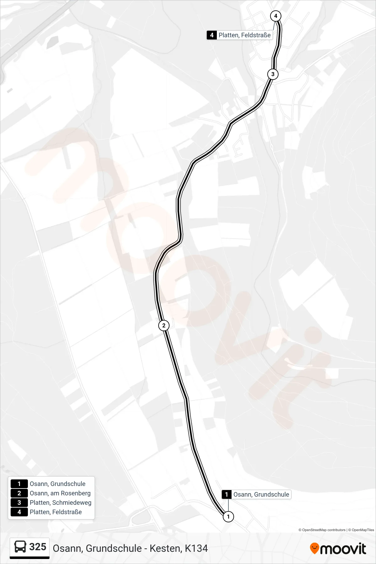 325 bus Line (Platten, Feldstraße) route and stops on a map