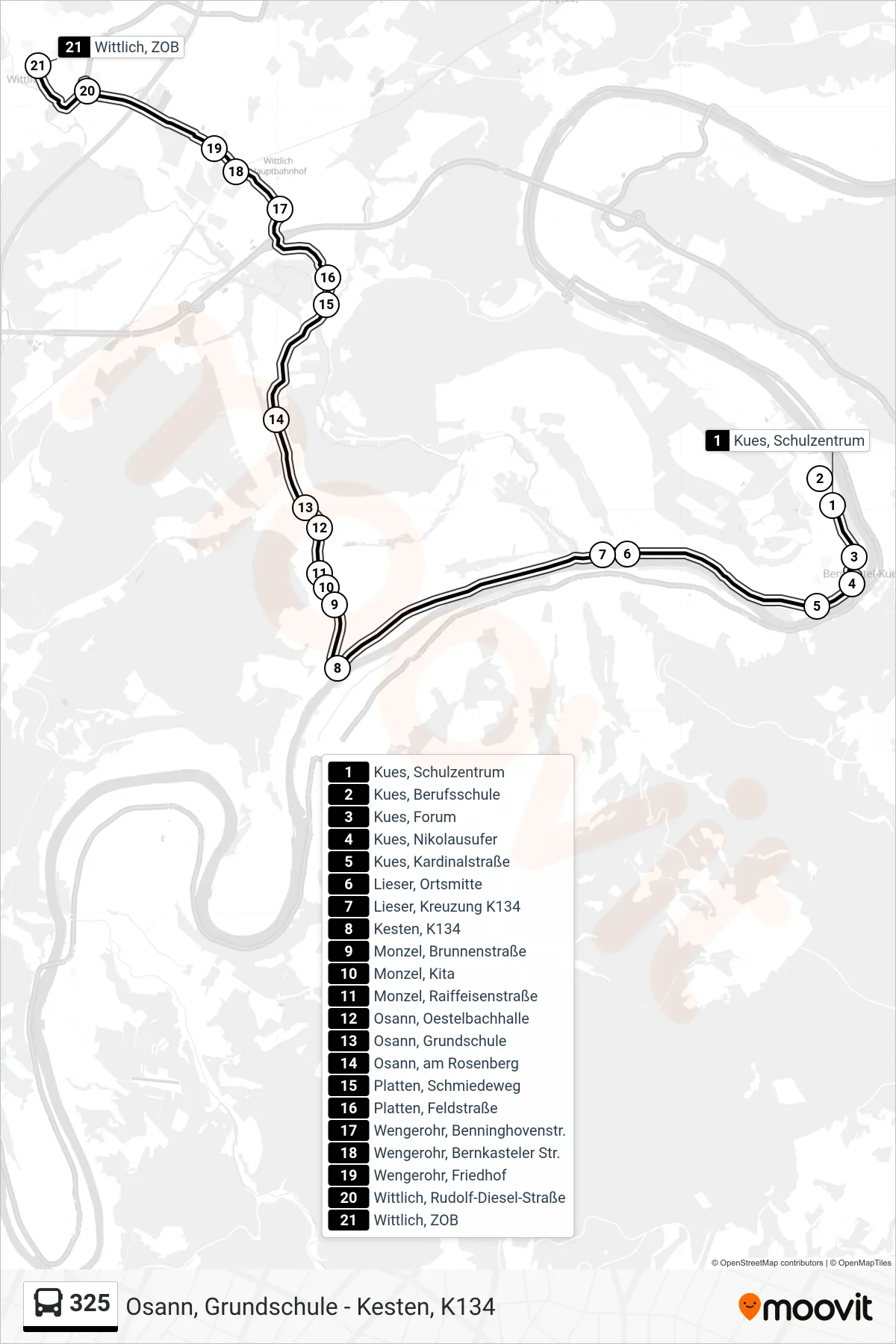 325 bus Line (Wittlich, ZOB) route and stops on a map
