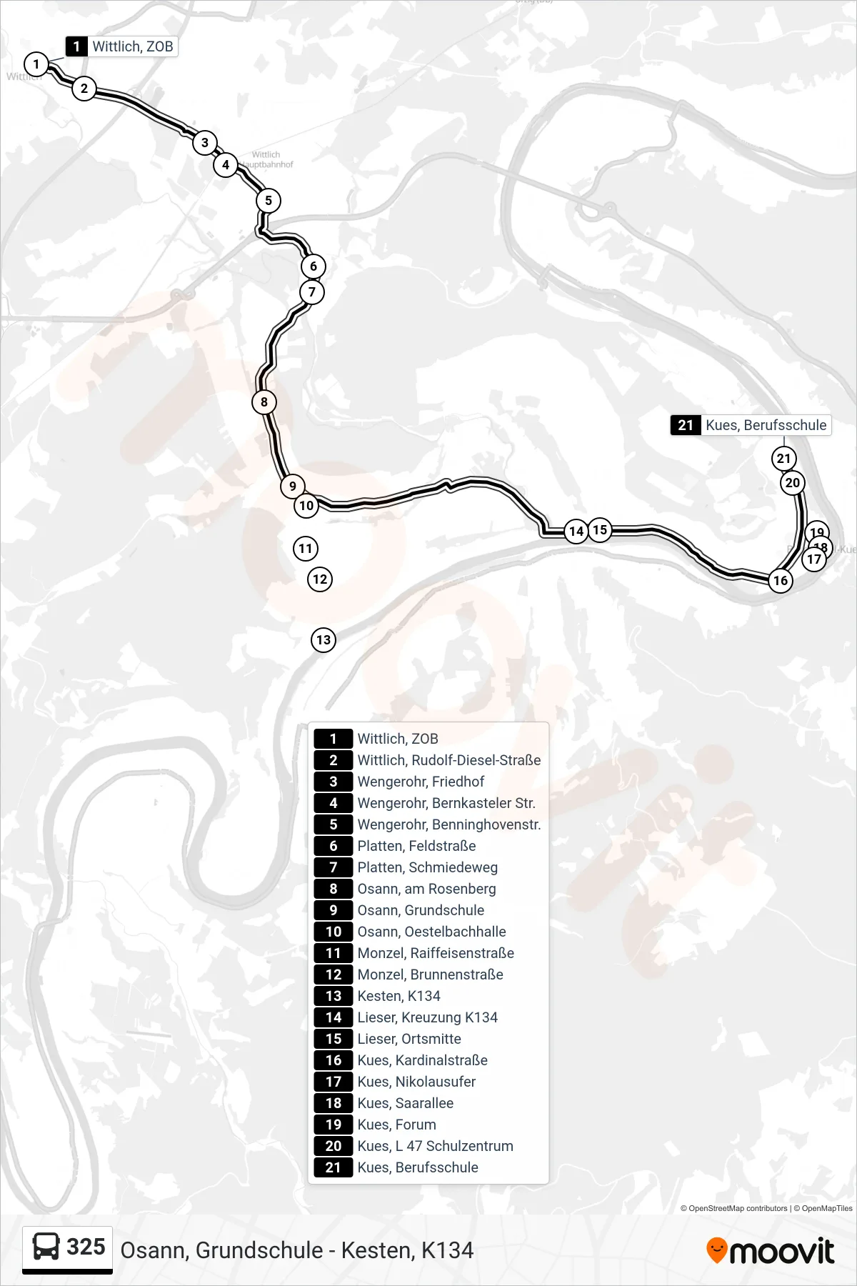 325 bus Line (Kues, Berufsschule) route and stops on a map