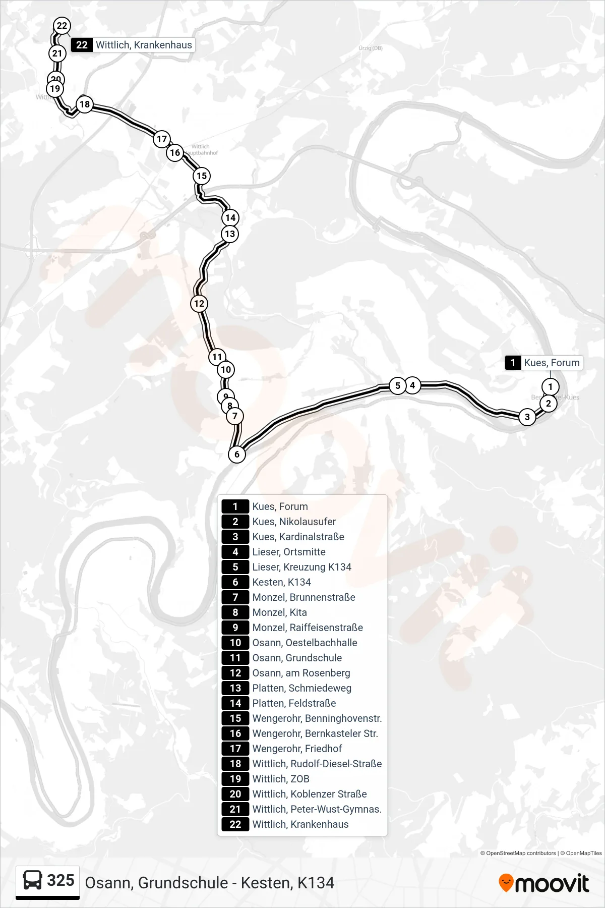 325 bus Line (Wittlich, Krankenhaus) route and stops on a map