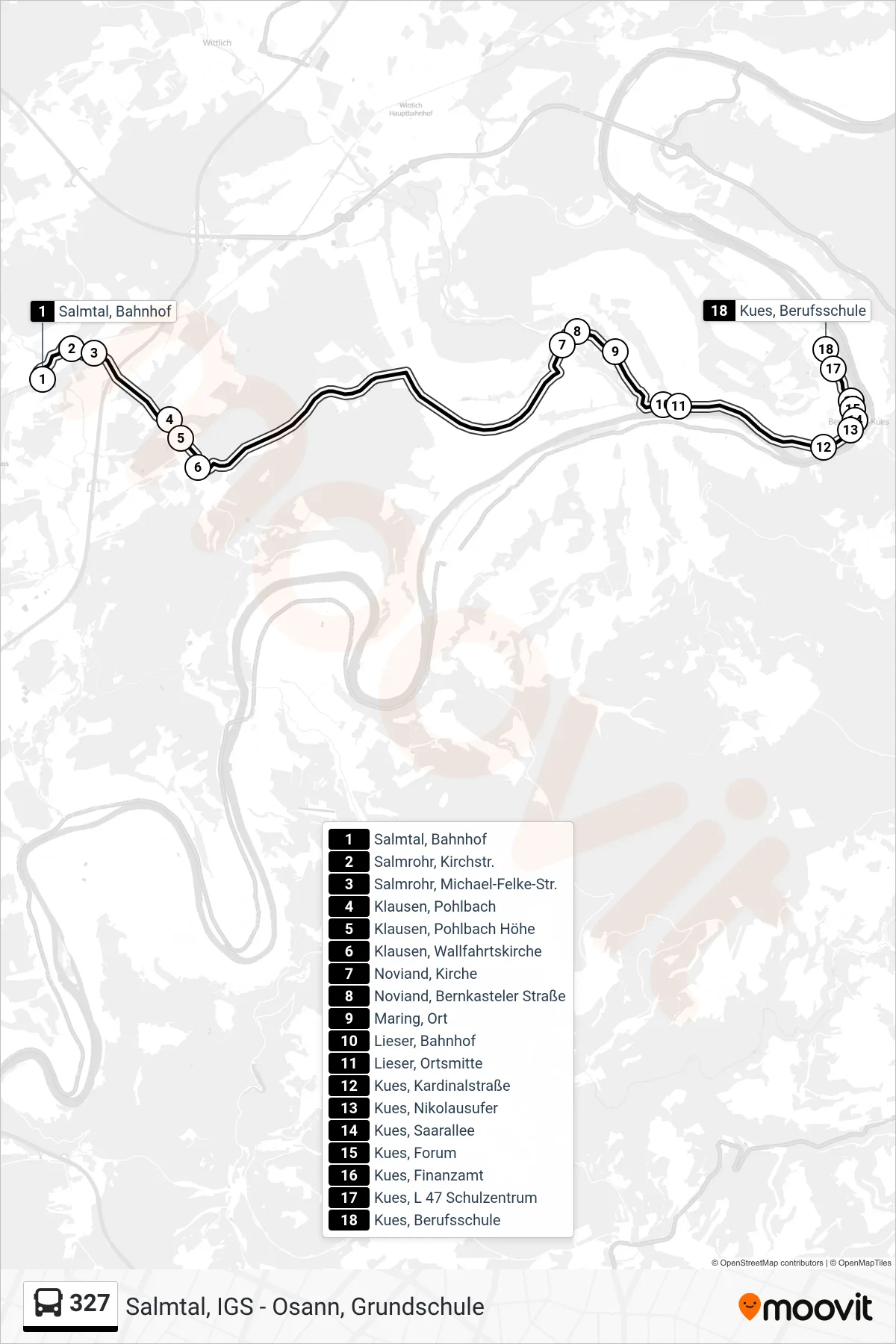 327 bus Line (Kues, Berufsschule) route and stops on a map
