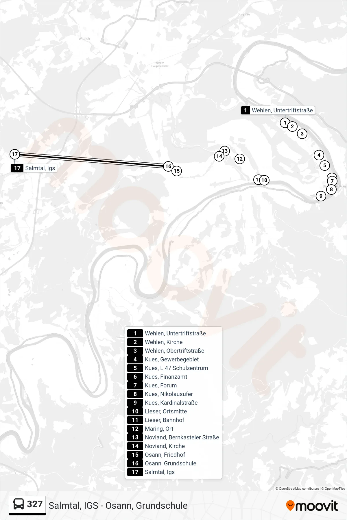 327 bus Line (Salmtal, Igs) route and stops on a map