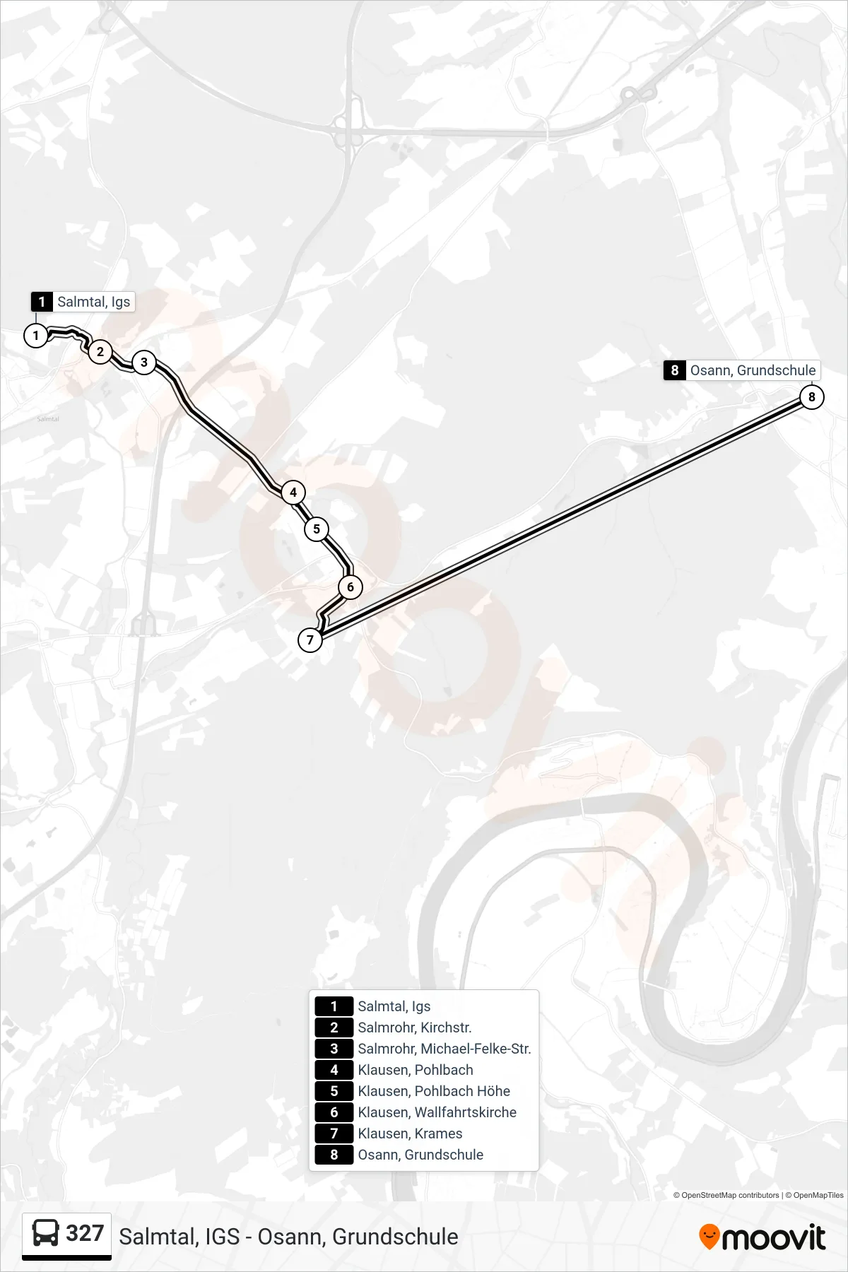 327 bus Line (Osann, Grundschule) route and stops on a map