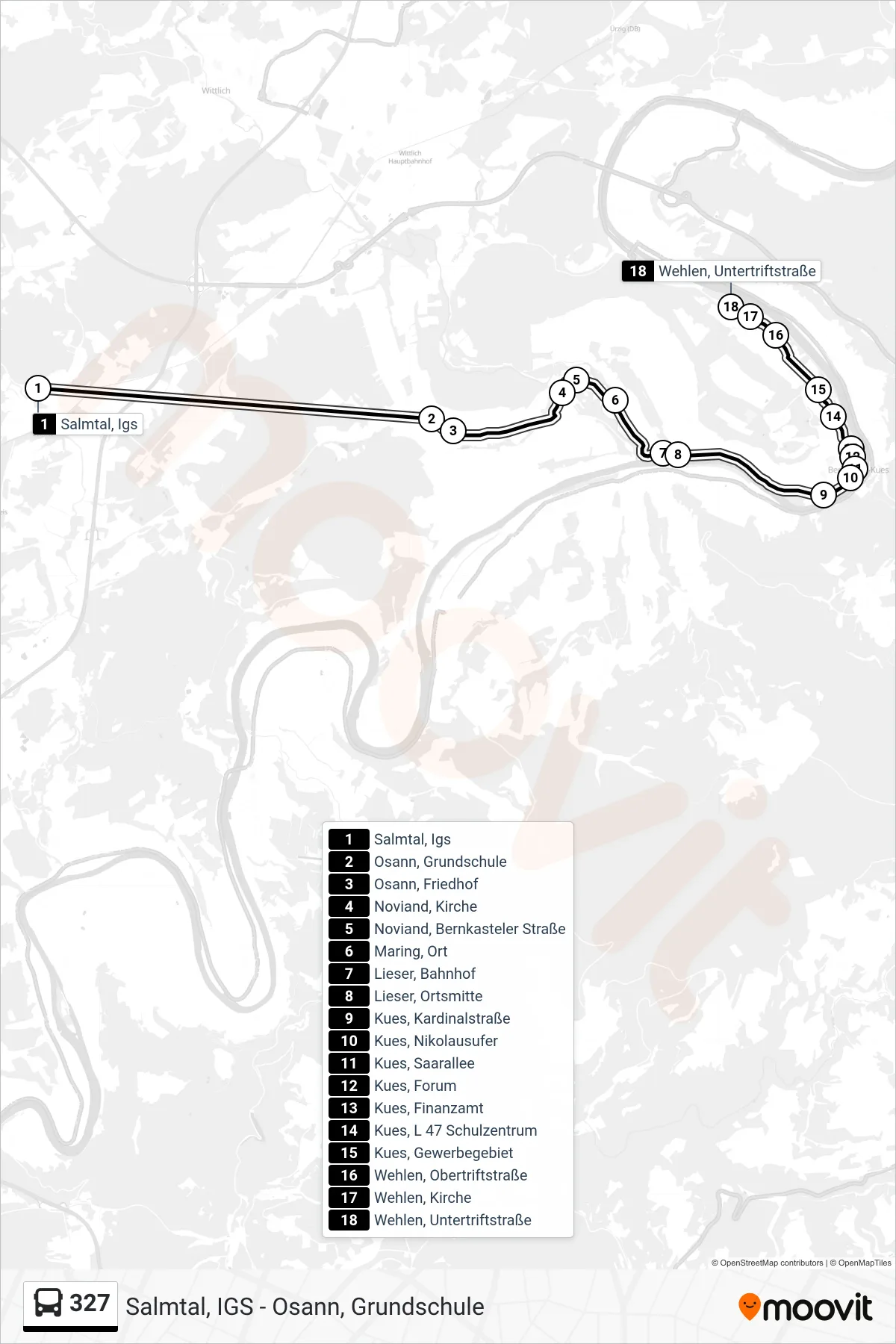 327 bus Line (Wehlen, Untertriftstraße) route and stops on a map