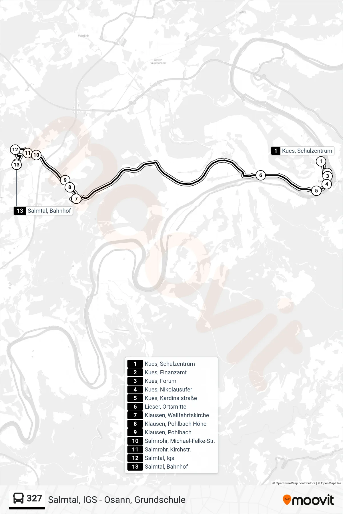 327 bus Line (Salmtal, Bahnhof) route and stops on a map
