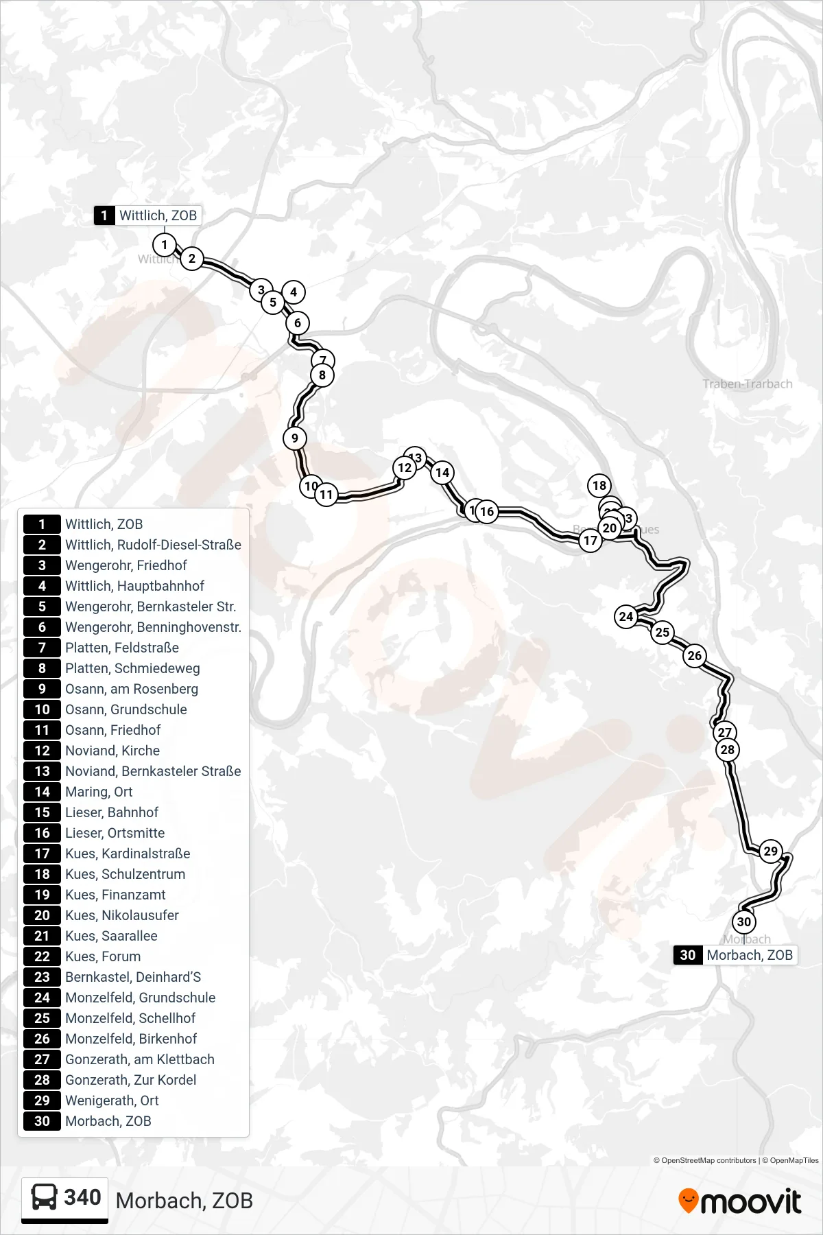 340 bus Line (Morbach, ZOB) route and stops on a map