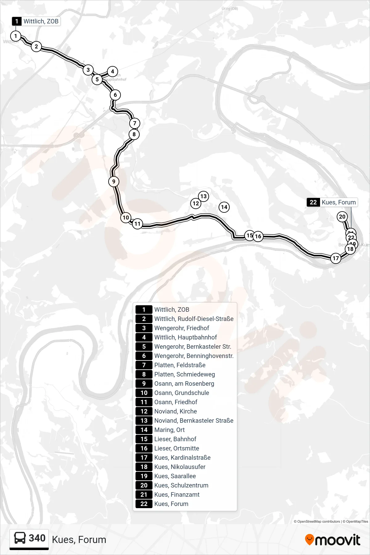 340 bus Line (Kues, Forum) route and stops on a map
