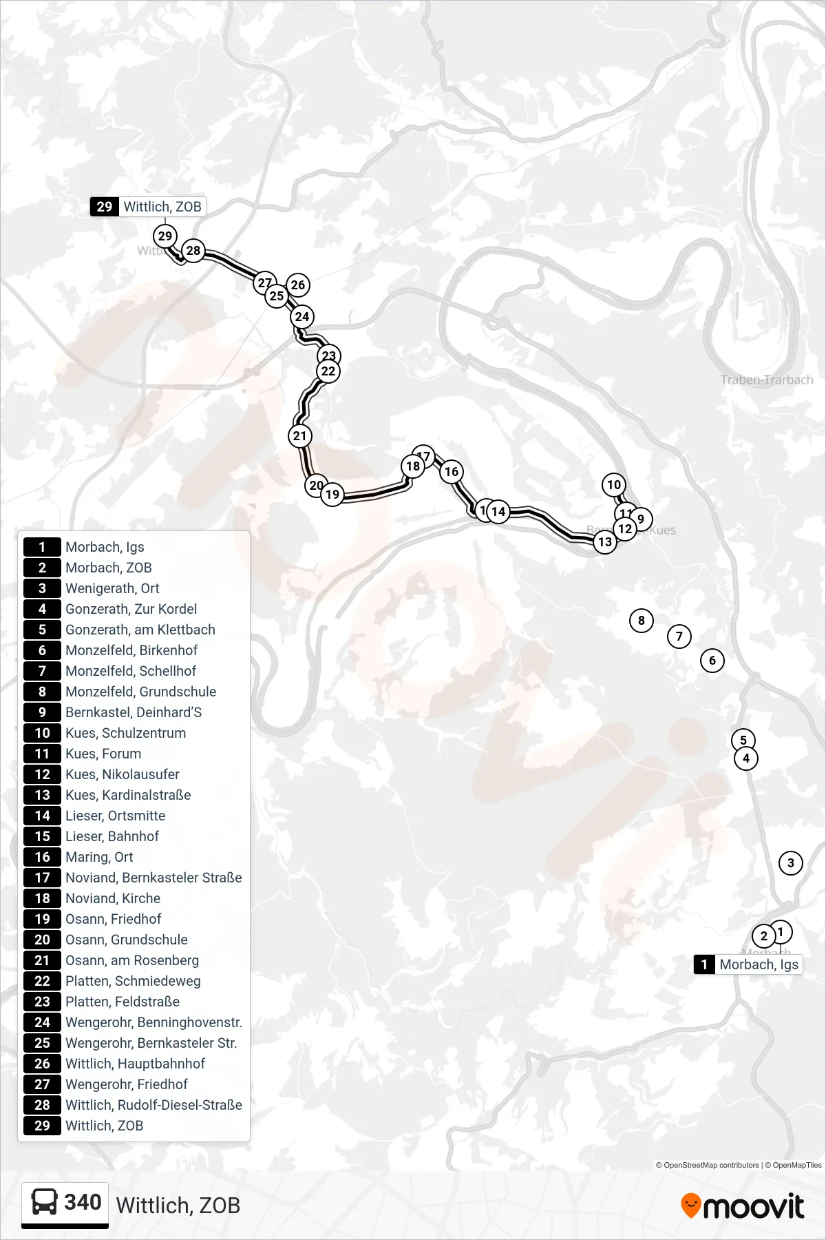 340 bus Line (Wittlich, ZOB) route and stops on a map