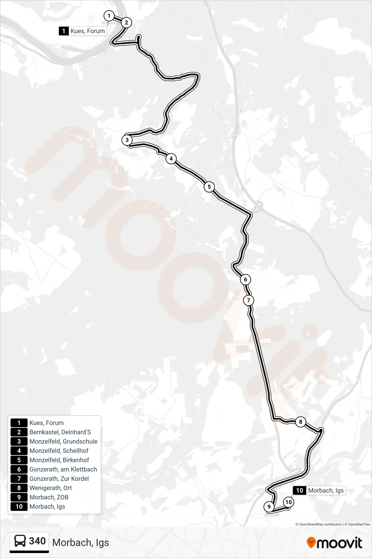 340 bus Line (Morbach, Igs) route and stops on a map