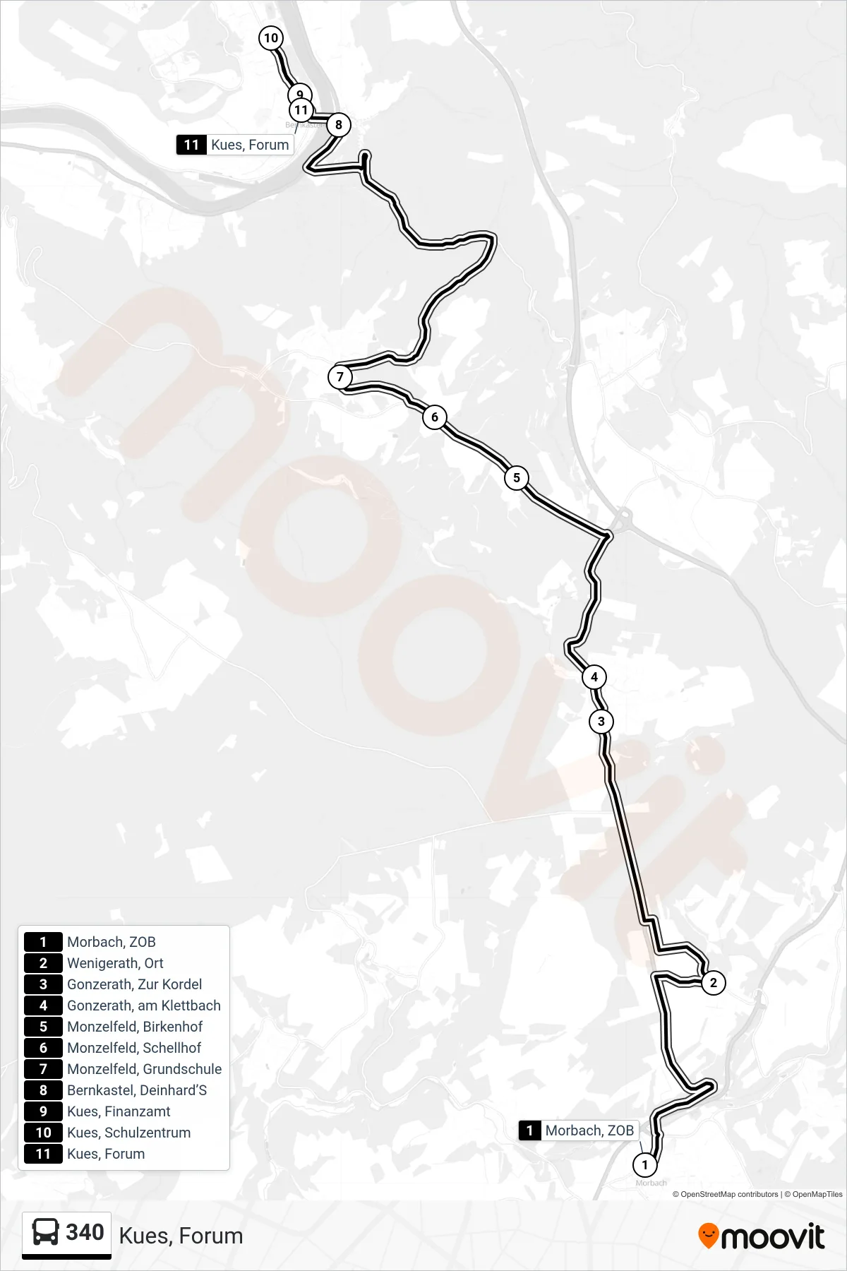 340 bus Line (Kues, Forum) route and stops on a map