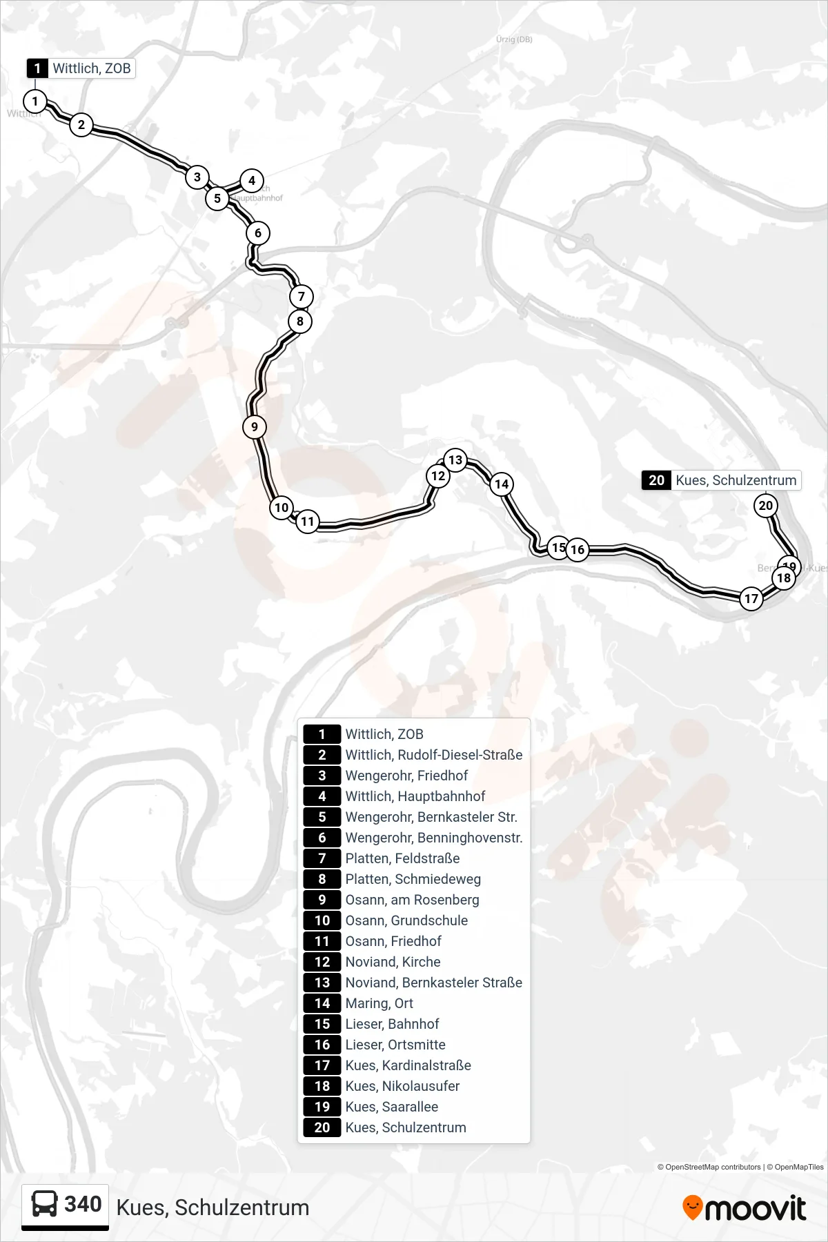 340 bus Line (Kues, Schulzentrum) route and stops on a map