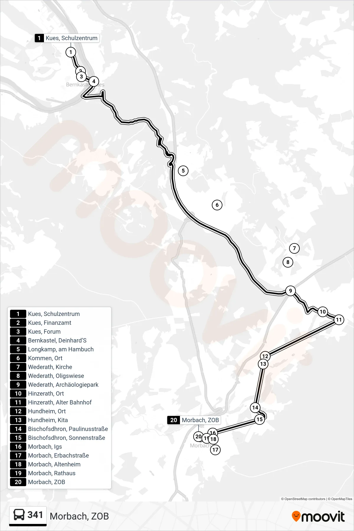 341 bus Line (Morbach, ZOB) route and stops on a map