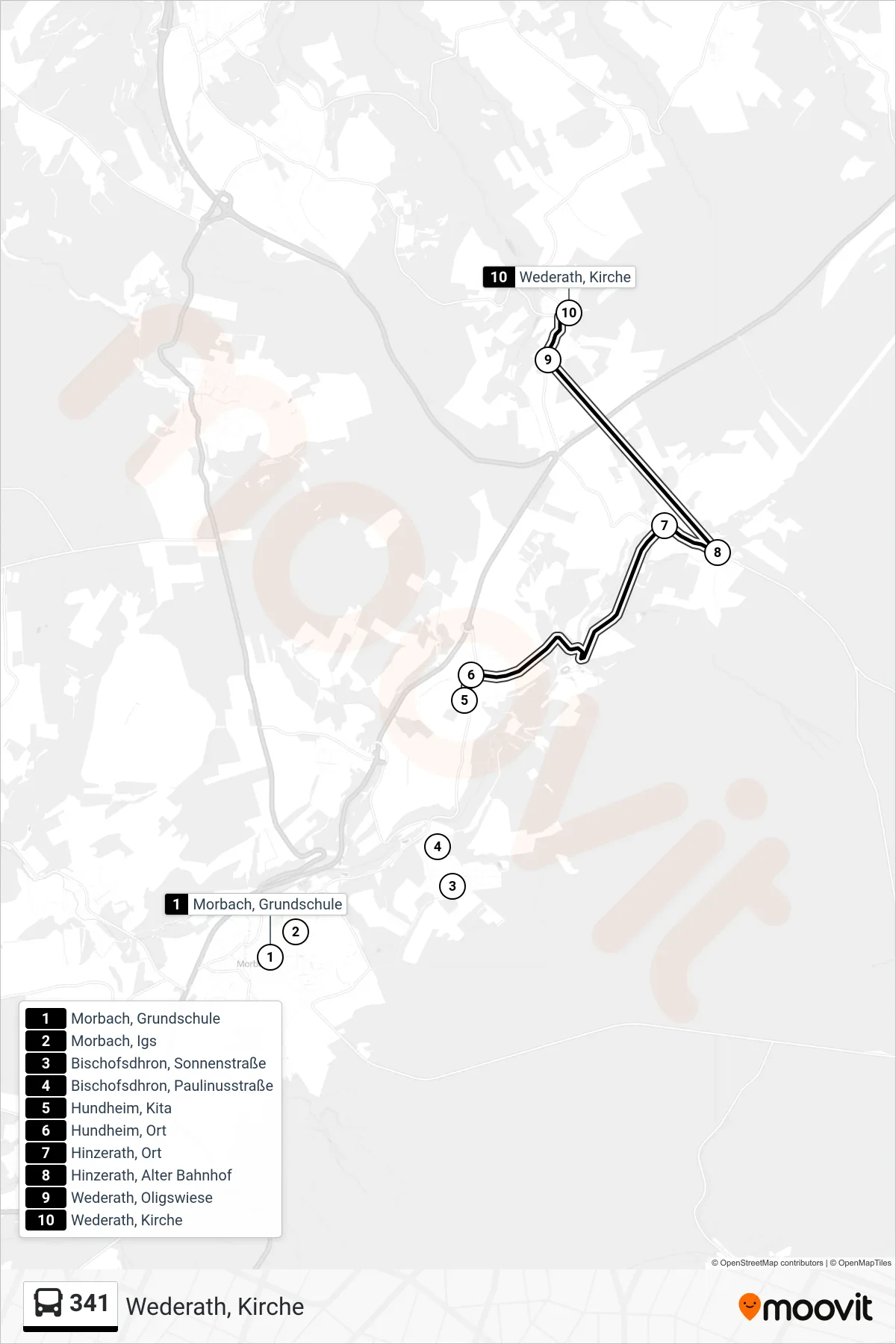 341 bus Line (Wederath, Kirche) route and stops on a map