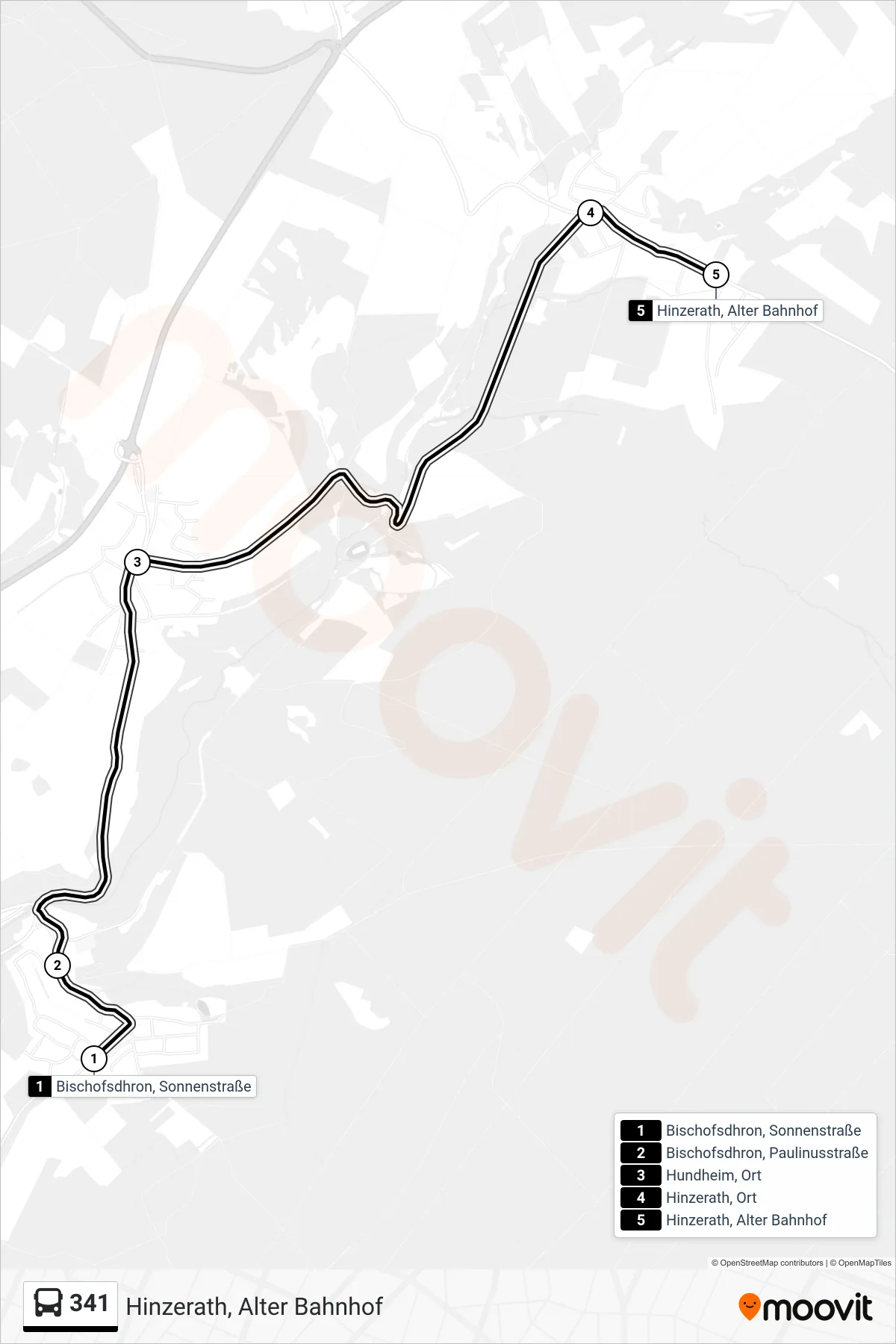 341 bus Line (Hinzerath, Alter Bahnhof) route and stops on a map