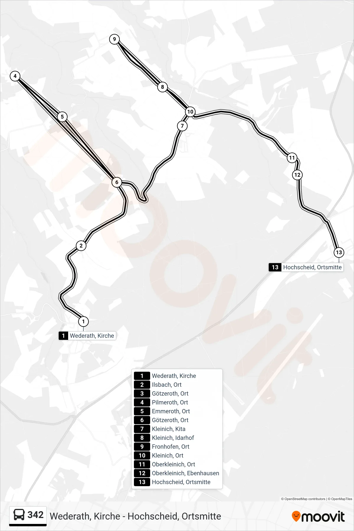 Linie 342 (Bus) Richtung Hochscheid, Ortsmitte: Route und Haltestellen auf der Karte