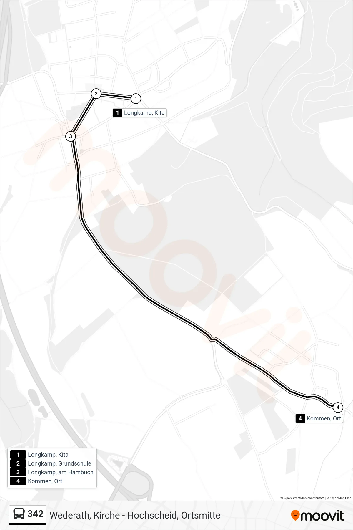 342 bus Line (Kommen, Ort) route and stops on a map