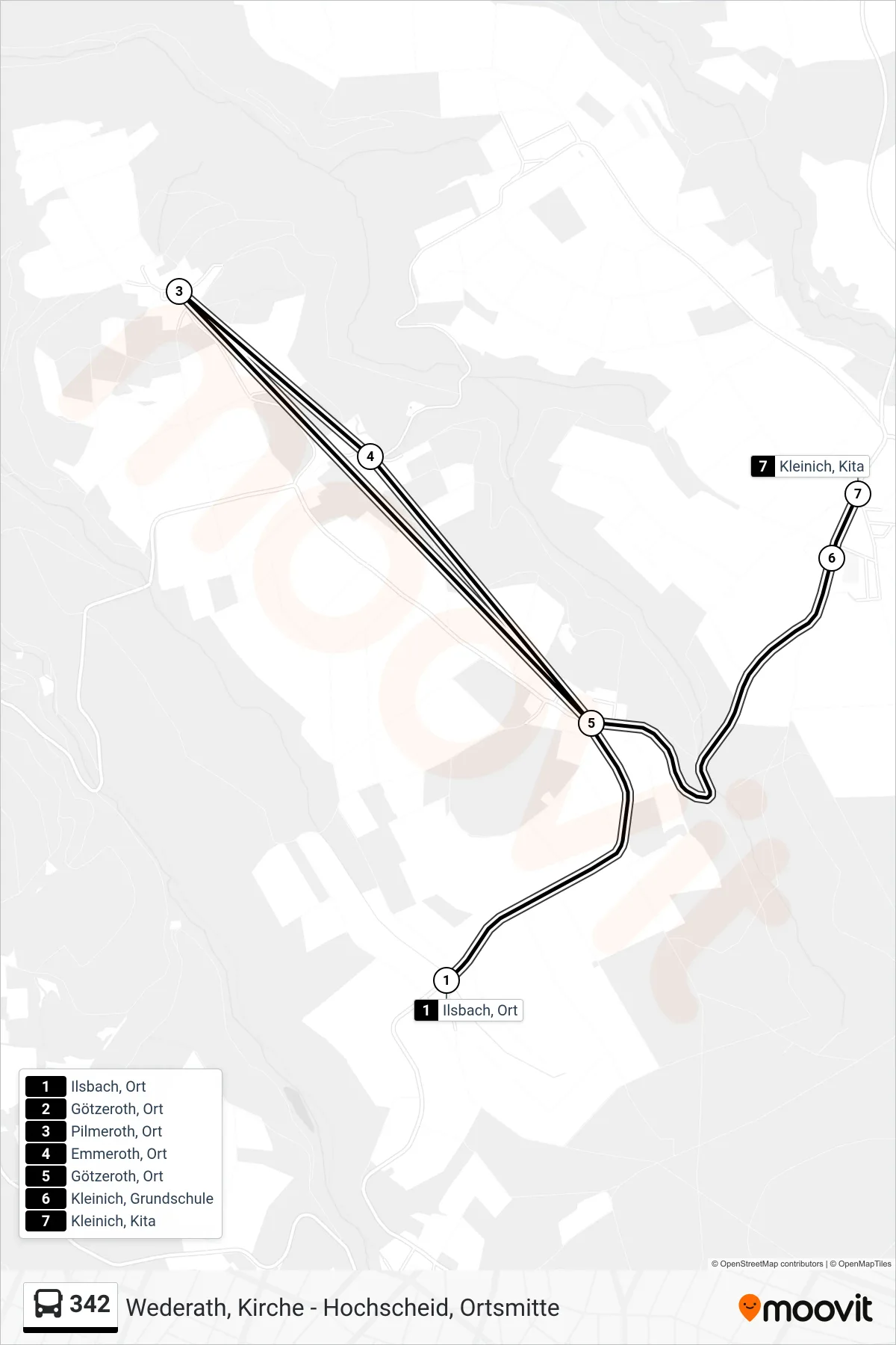342 bus Line (Kleinich, Kita) route and stops on a map