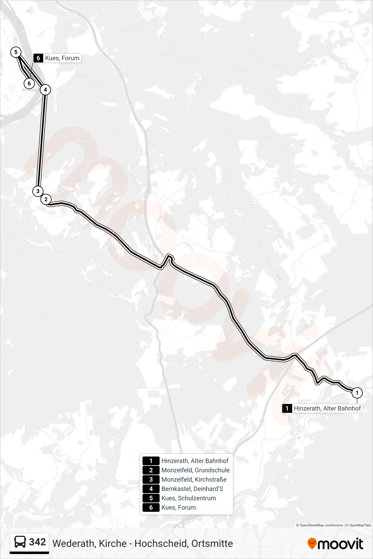 342 bus Line (Kues, Forum) route and stops on a map