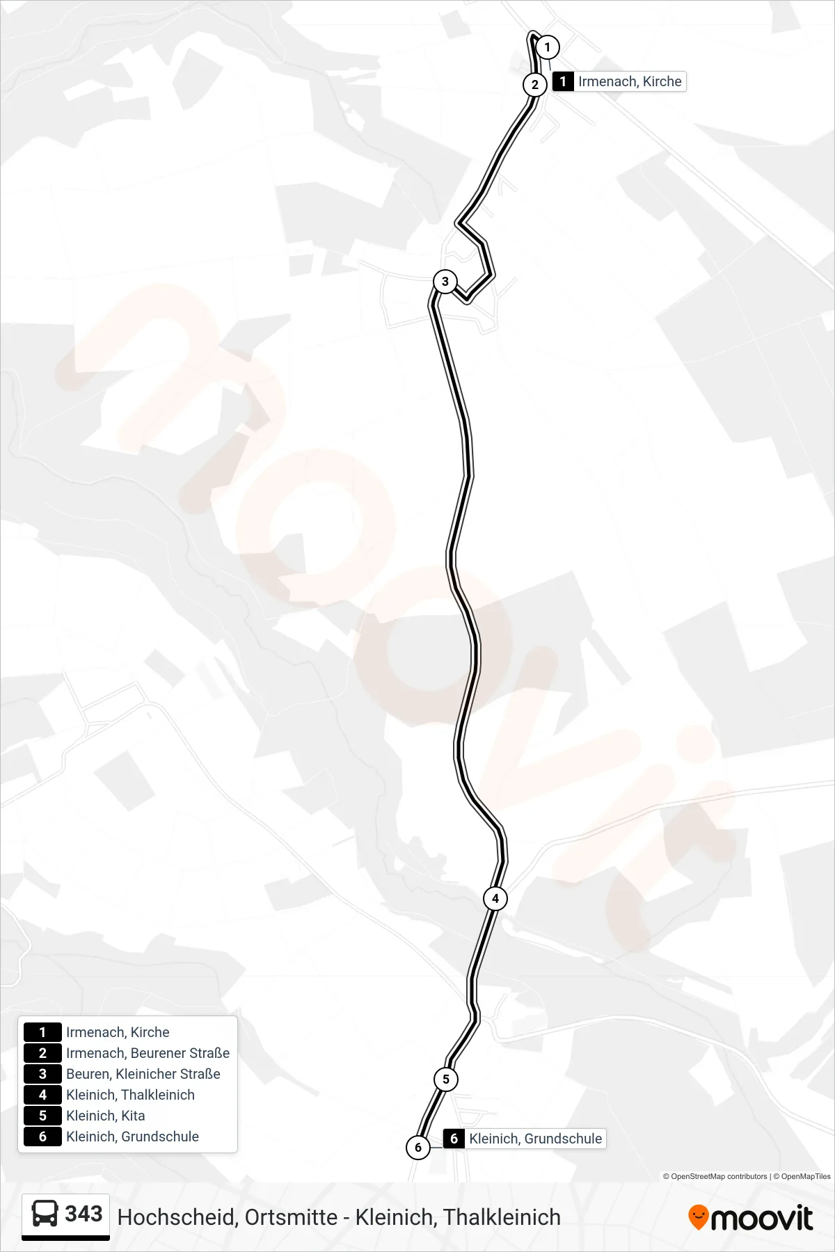 343 bus Line (Kleinich, Grundschule) route and stops on a map