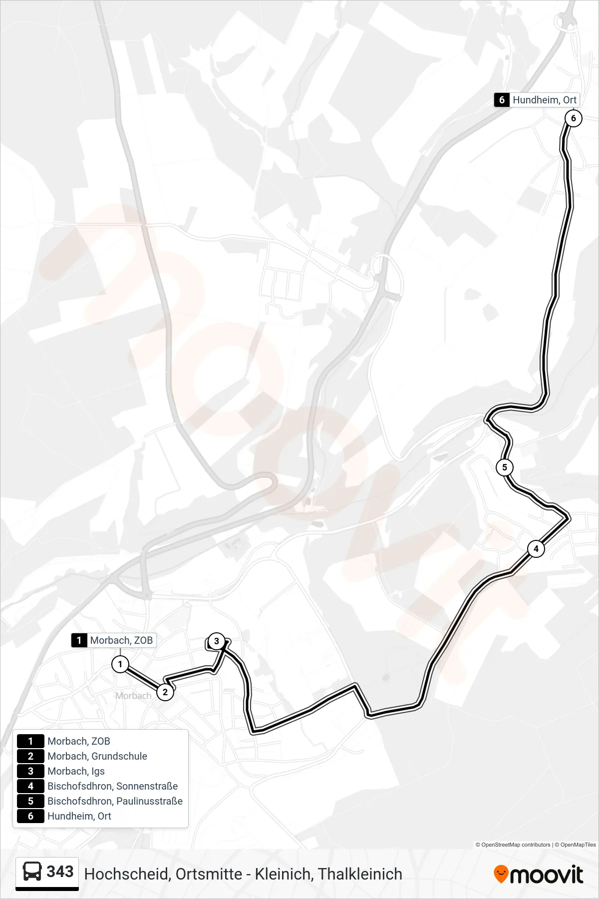 343 bus Line (Hundheim, Ort) route and stops on a map