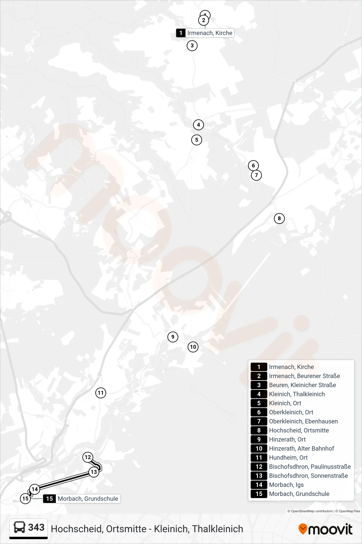 343 bus Line (Morbach, Grundschule) route and stops on a map