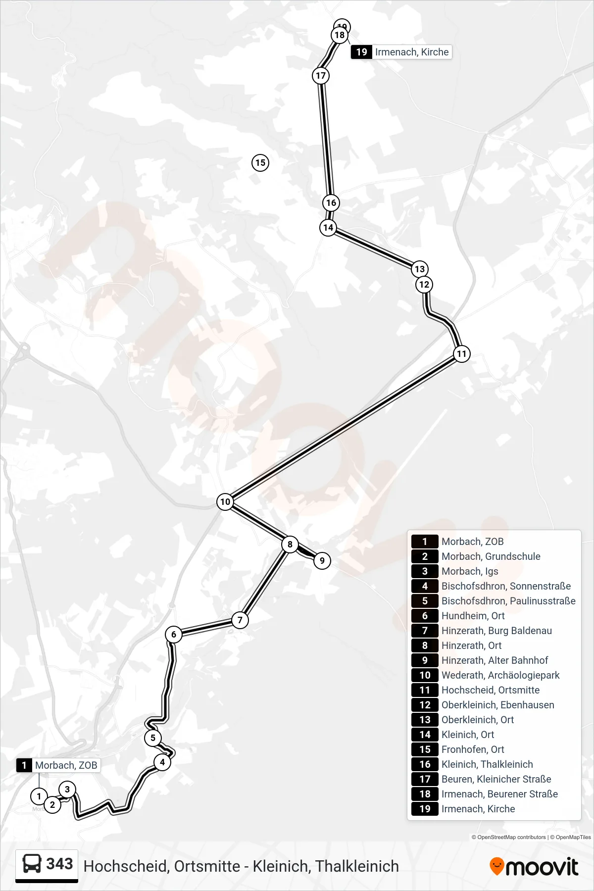 343 bus Line (Irmenach, Kirche) route and stops on a map