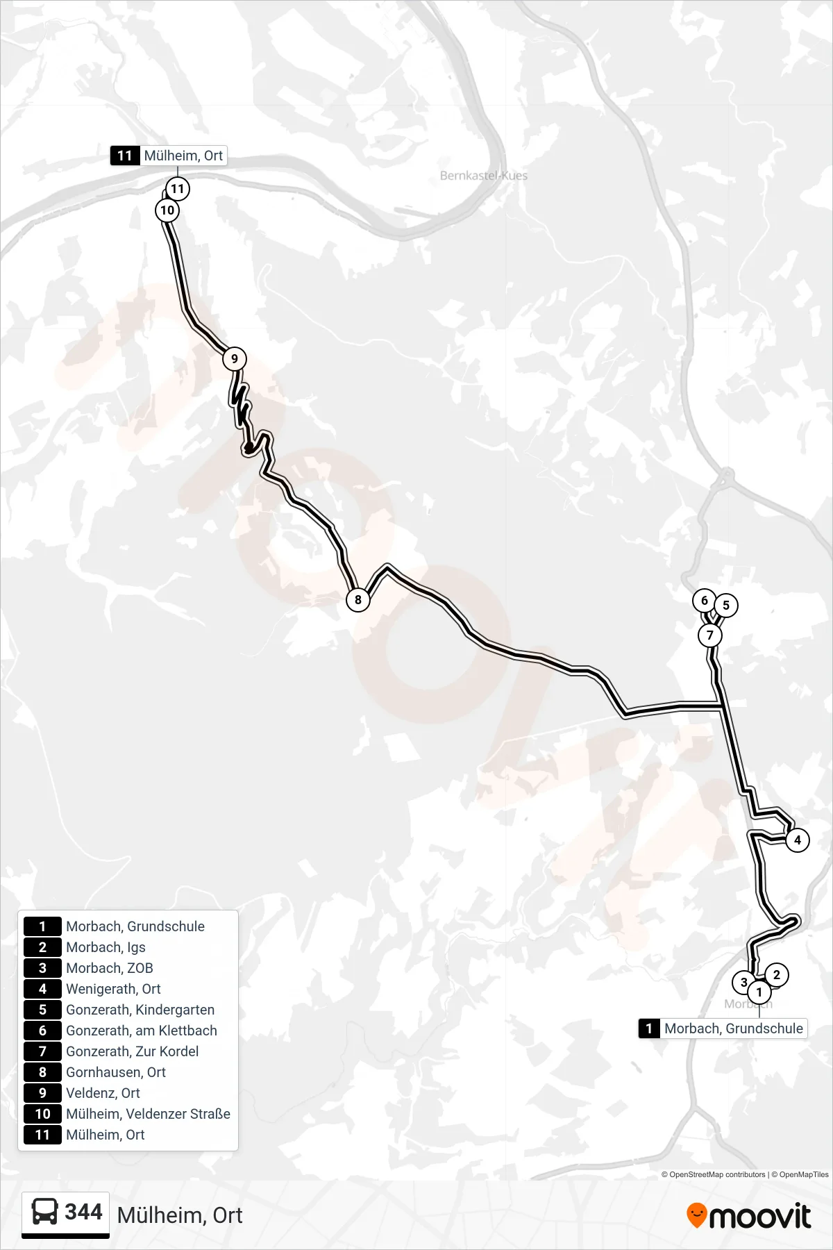 Linie 344 (Bus) Richtung Mülheim, Ort: Route und Haltestellen auf der Karte