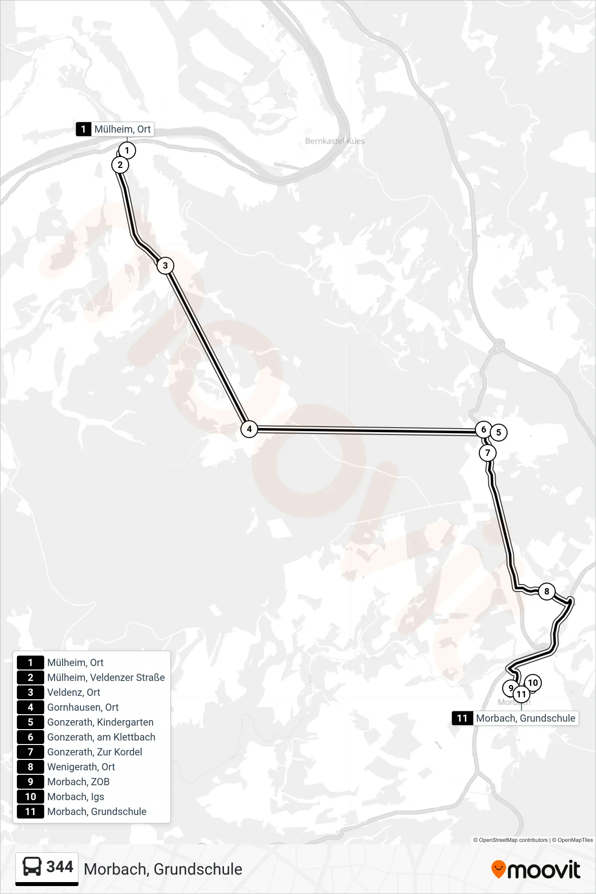 344 bus Line (Morbach, Grundschule) route and stops on a map